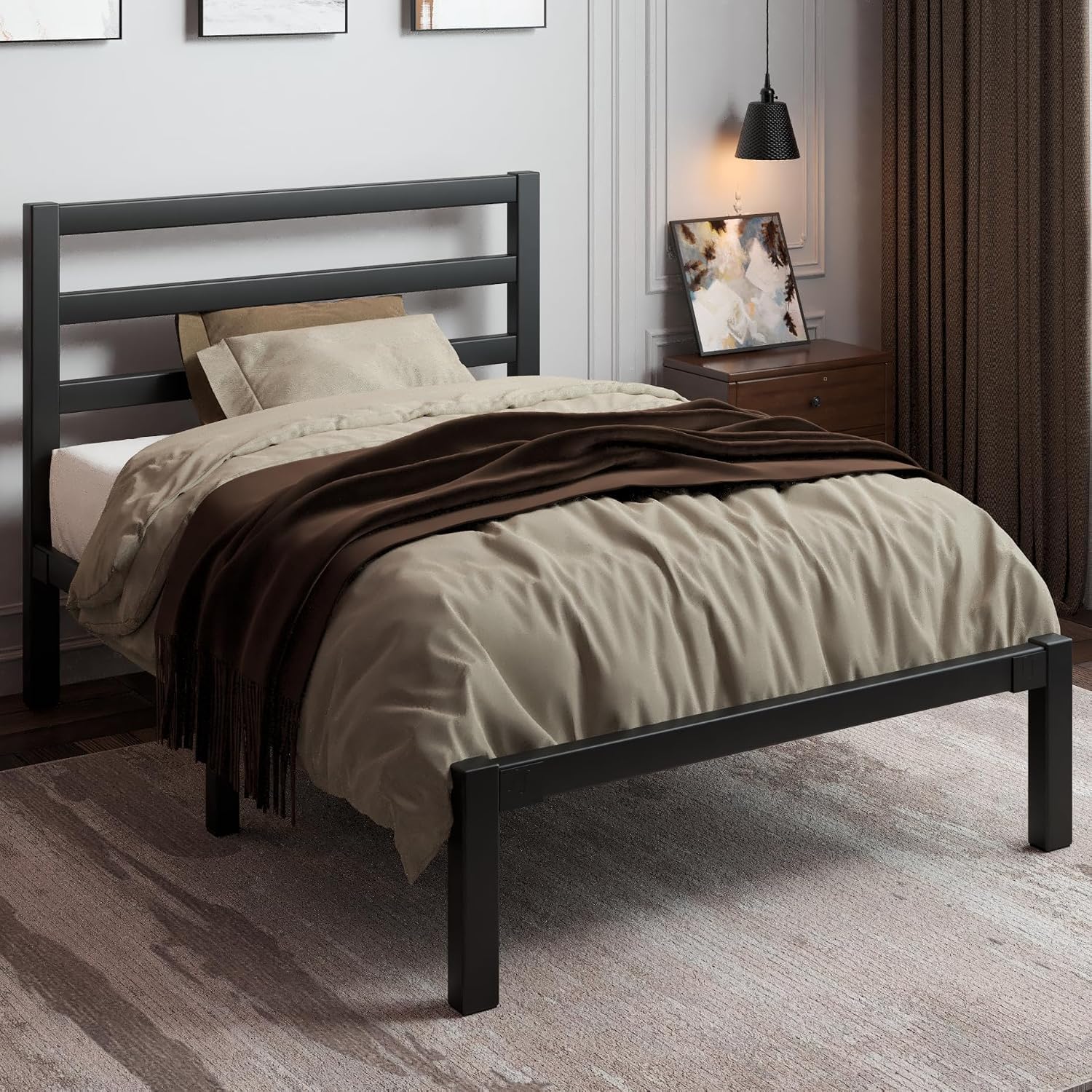 LoVinson Twin Size Metal Bed Frame with Headboard, Metal Slats, Black