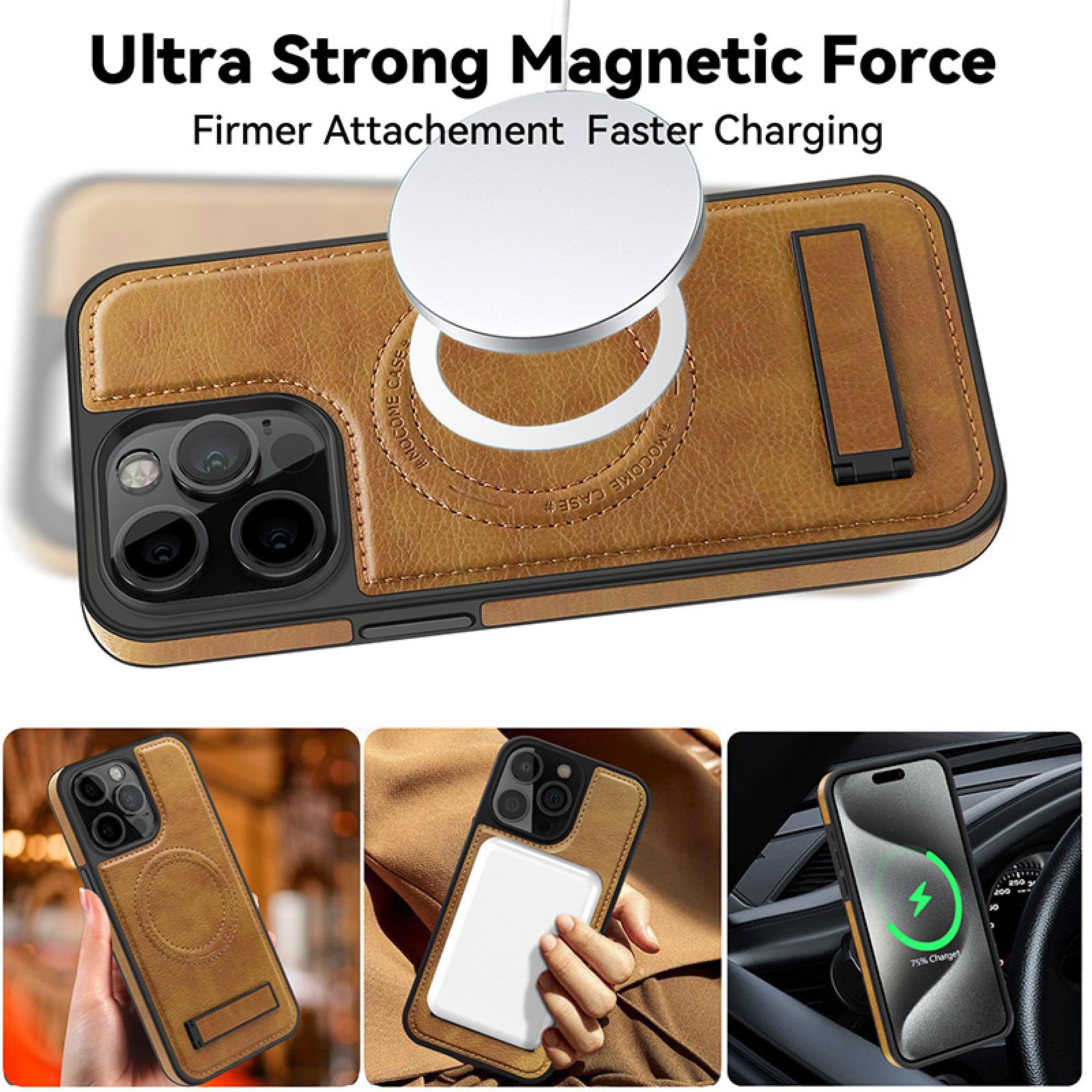 Für iPhone 15 Plus Magnetischer Metallhalter Stoßfeste Leder-Telefonhülle Stoßstangen-Rückseite (Für iPhone 15 Plus/Schwarz)