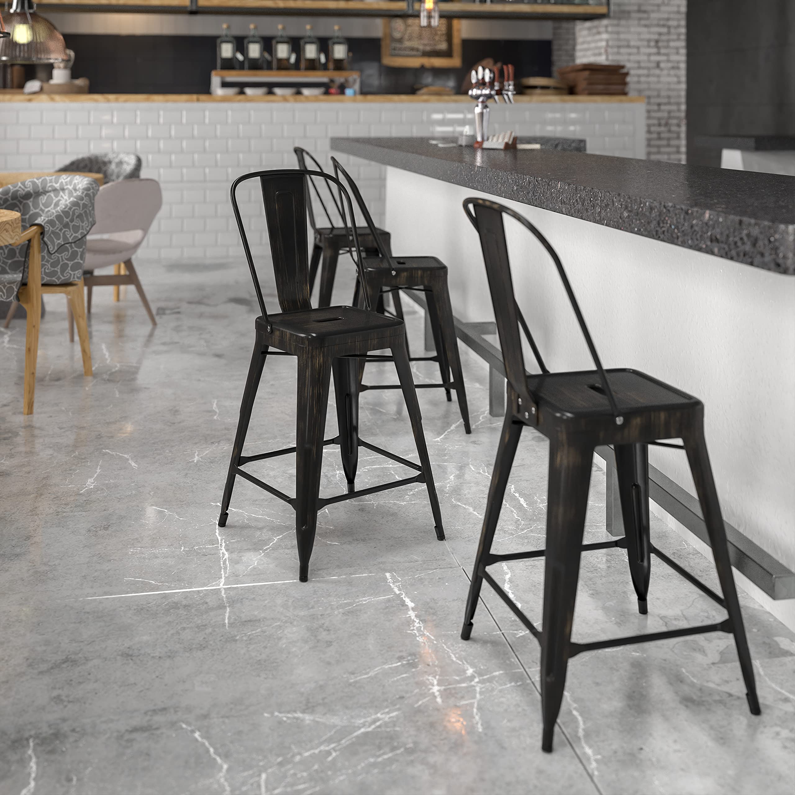 BizChair Commercial 24" H Black-Gold Metal Indoor-Outdoor Counter Height Stool w/Back