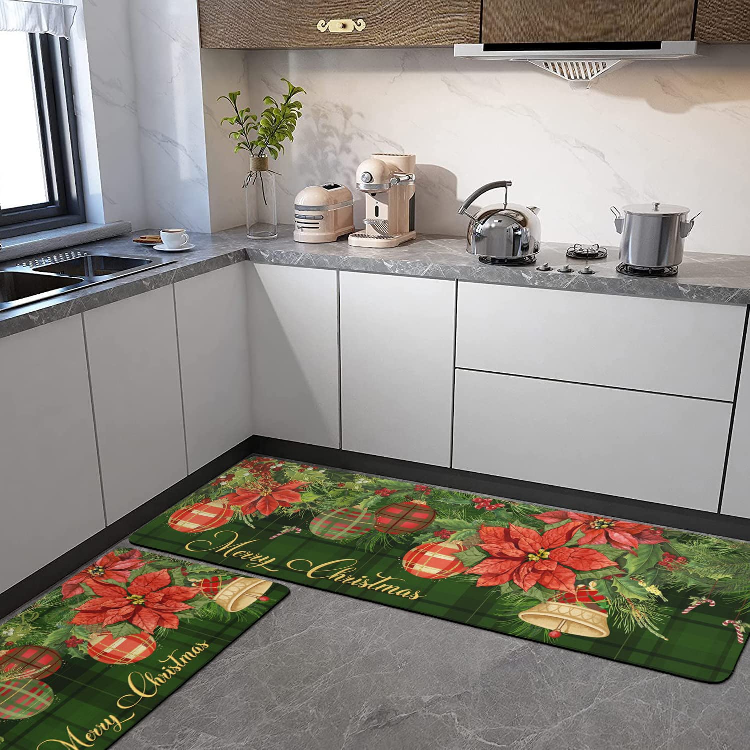 Buffalo Plaid Poinsettia Merry Christmas Kitchen Rugs and Mats Set 2 Piece for Floor, Xmas Winter Holiday Non Slip Low-Profile Sink Rug Mat Decorations for Home Kitchen 18