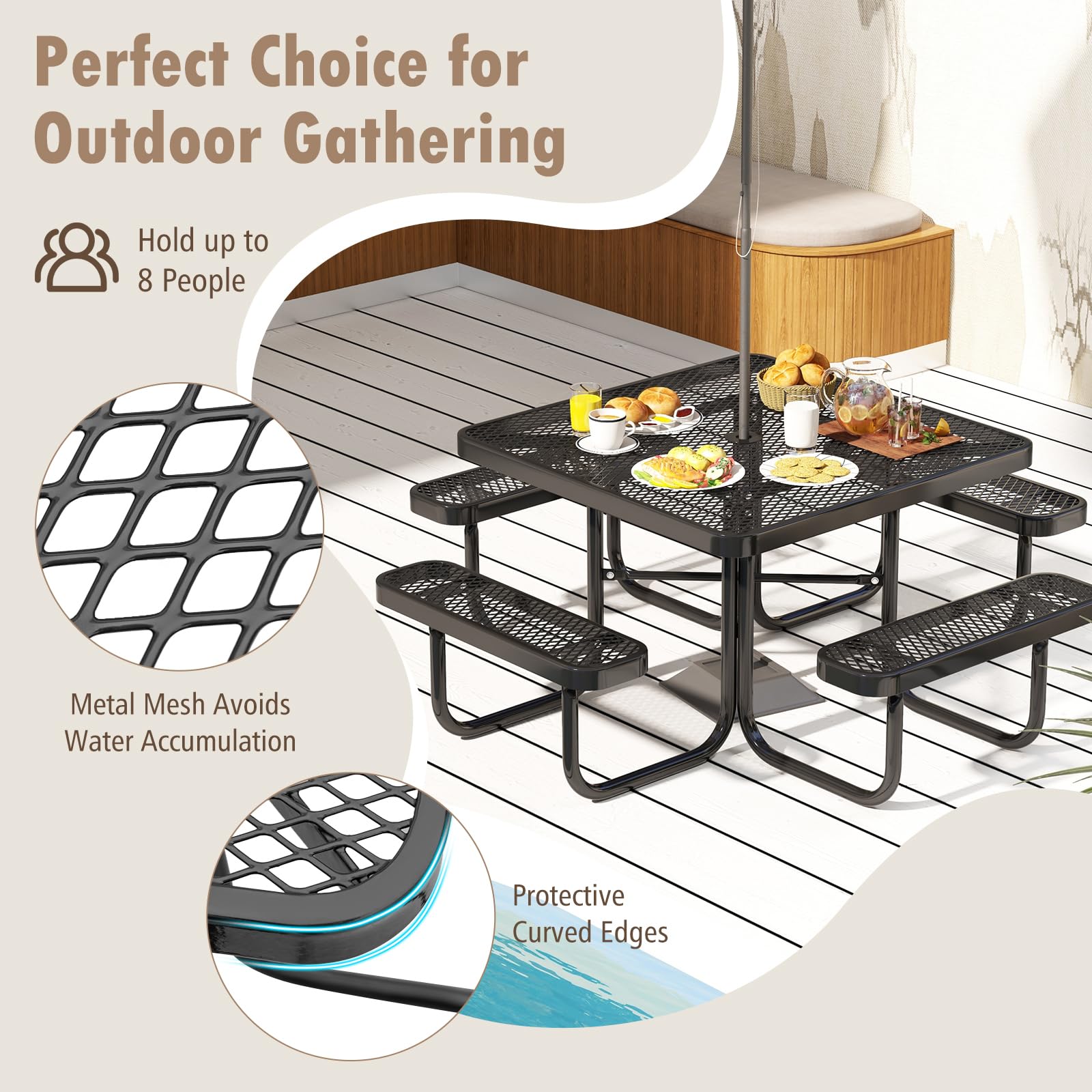 Ensemble Table De Pique-Nique GIANTEX 8 Places – Métal Maille Noir 184 Cm – 2 Bancs Inclus