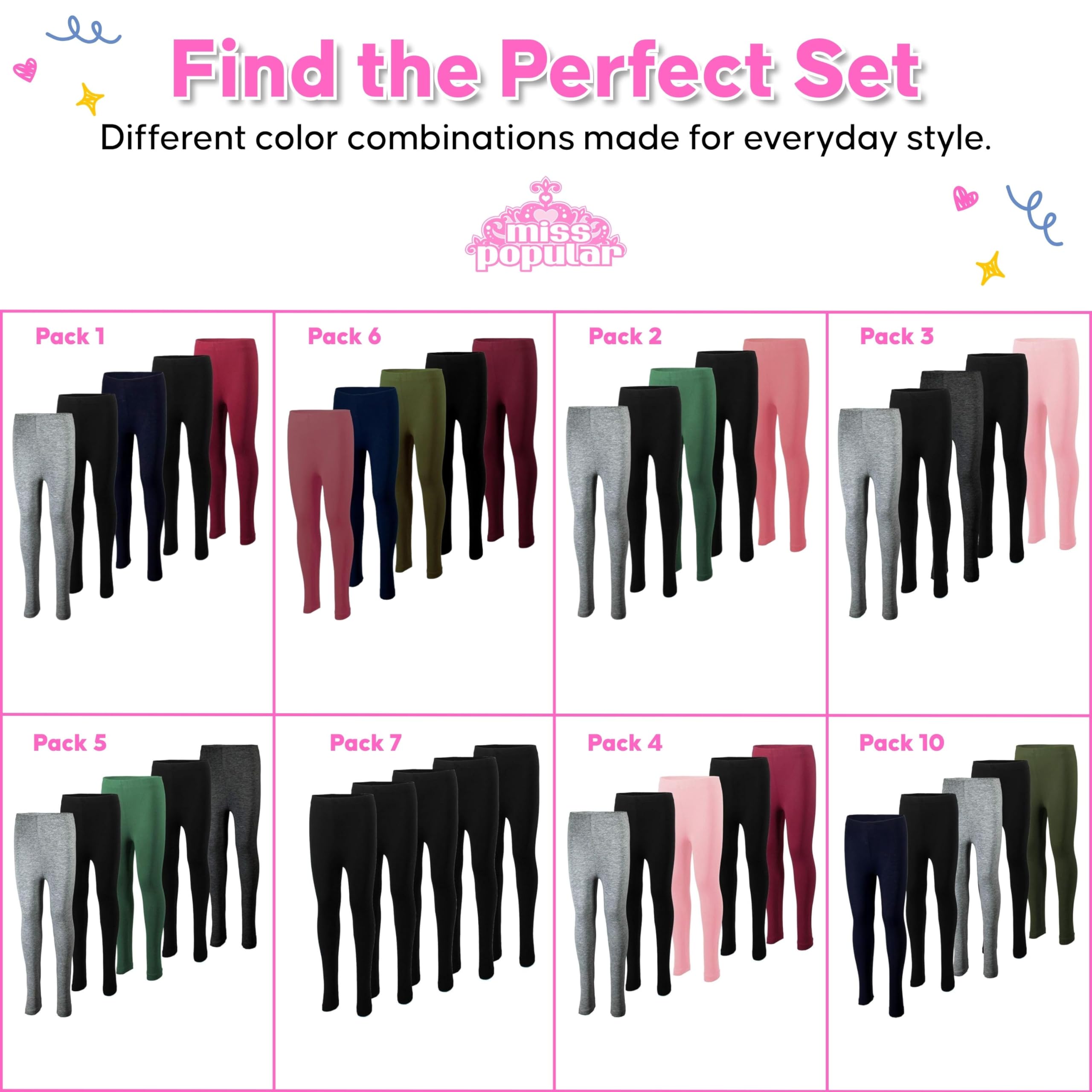 MISS POPULAR 5er-Pack Mädchen-Leggings, Größen 37-44, weiche, bequeme Baumwolle, Spandex, mit elastischem Bund, viele Farben