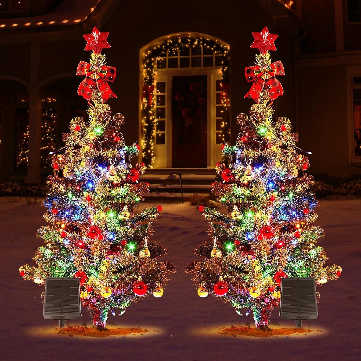 Paquete de 2 decoraciones solares de Navidad al aire libre, 39 pulgadas y 200 LED solares para árbol de Navidad con bola de Navidad y bayas rojas, 8 modos de luces solares de Navidad al aire libre,