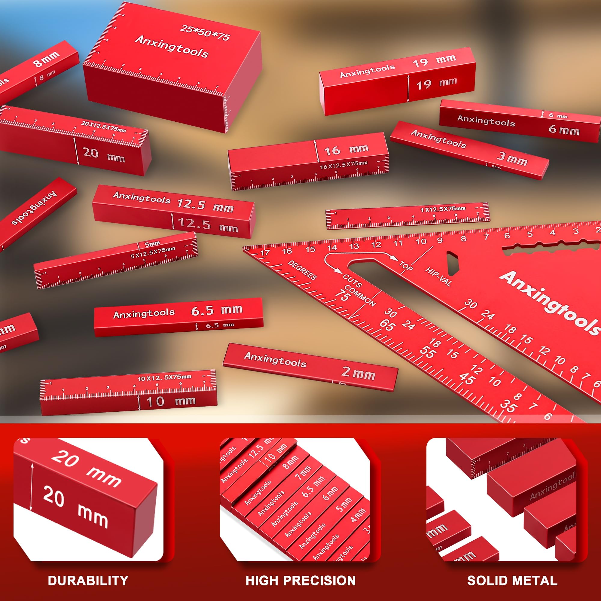 Juego de medidores de altura de bloques de configuración métrica, juego de bloques de medición de precisión de altura de aluminio de 15 piezas para sierra de mesa, enrutador y sierra de calar
