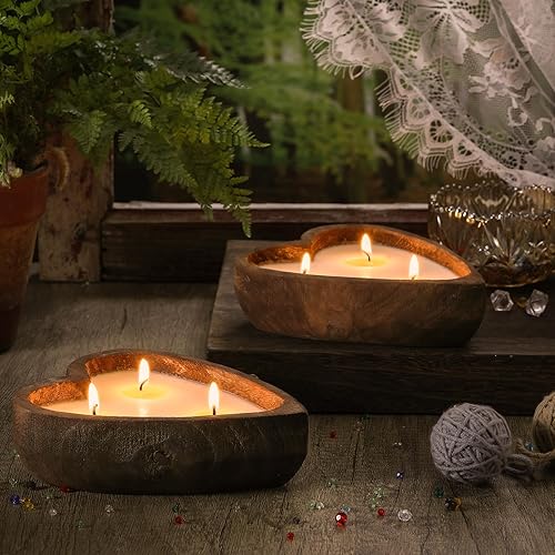 Miniatura 4 de MTLEE 4 velas de cuenco de masa de madera con forma de corazón, 4 fragancias, 3 mechas cada una de 10 pulgadas, velas de cuenco de masa para