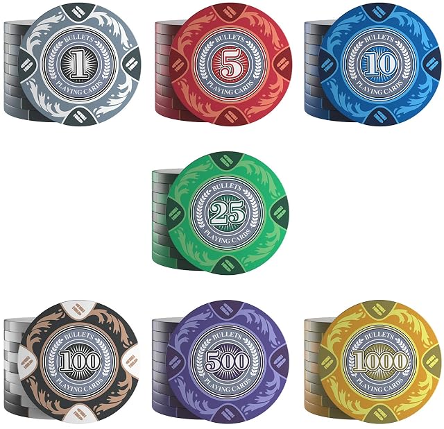 Foto 2 de 3 de Bullets Playing Cards, 25 fichas de póquer de arcilla Tony para set de póquer, Valor 1000-14g, 4cm de diámetro