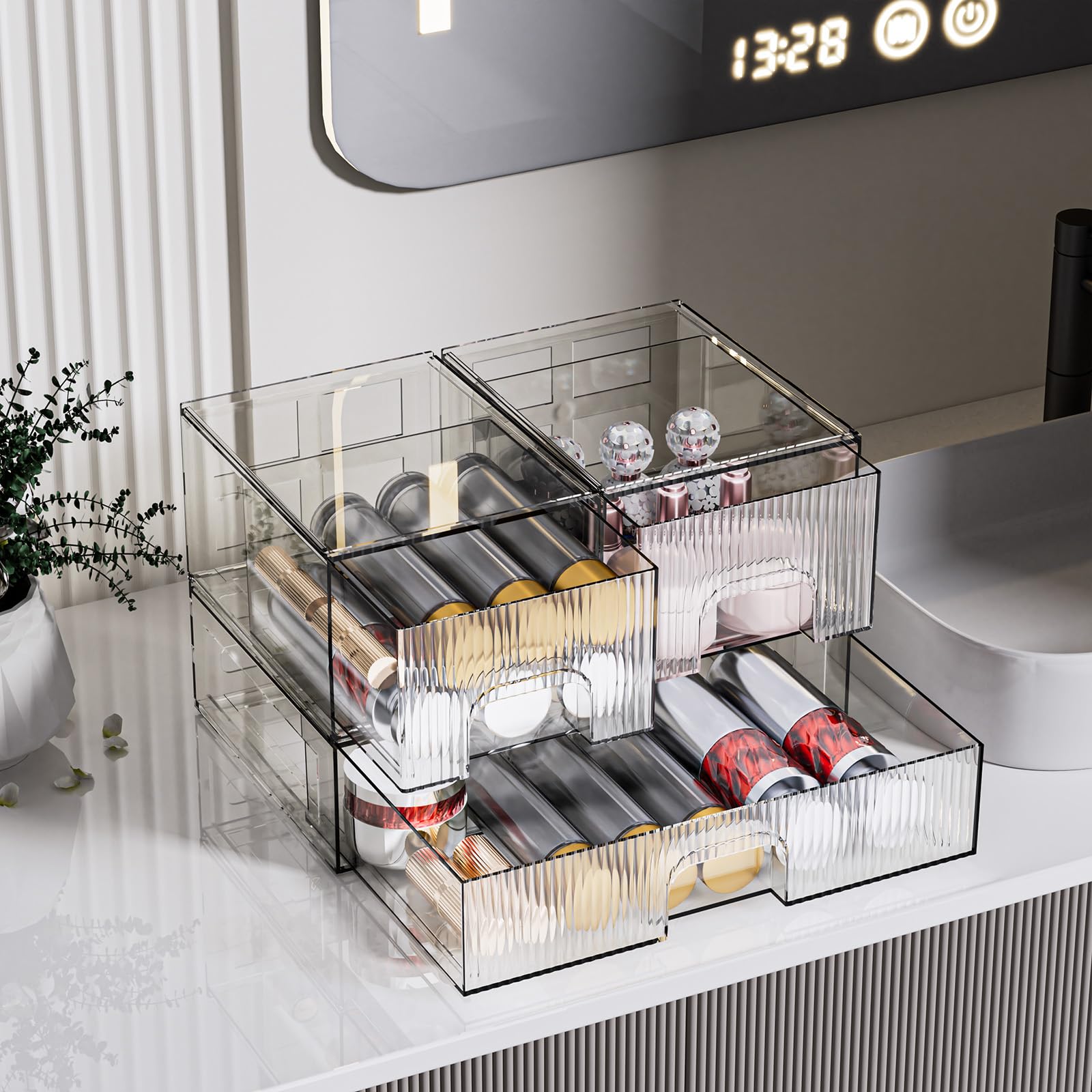 ZHIAI Lot de 3 organiseurs cosmétiques empilables transparents avec tiroirs en acrylique pour cosmétiques et petits articles pour commode, coiffeuse, armoire de cuisine, garde-manger, organisation de