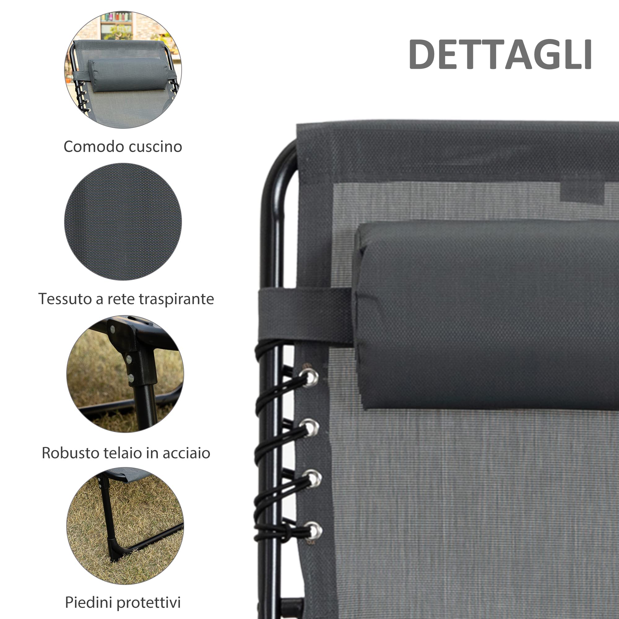 Outsunny Lettino Prendisole Pieghevole con Tasca, 58x189x30cm, Grigio | Schienale Regolabile, Sdraio da Balcone e Giardino con Cuscino, Seduta Traspirante in Texteline, Spiaggia Piscina