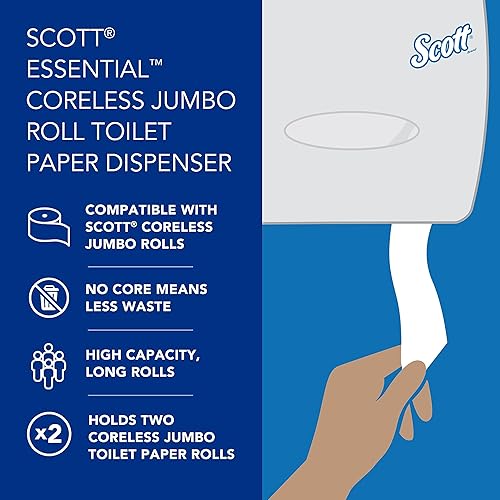 Miniatura 10 de Kimberly-Clark Scott Essential JRT - Dispensador de papel higiénico doble sin núcleo (09609), alta capacidad, duradero, 20 x 6 x 11 pulgadas, color