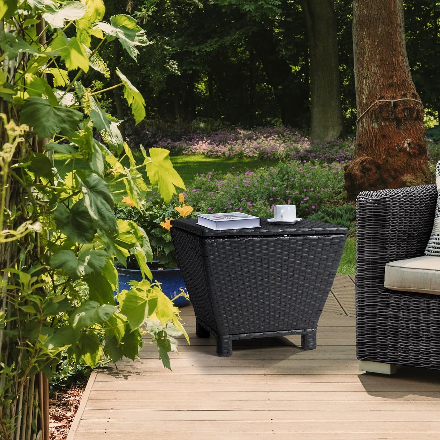 Outvita Outdoor Side Table, Rattan Coffee Table with Storage 13 Gallon Patio Small Deck Storage Box for Cushion Towel Books, Brown Side Table with lid