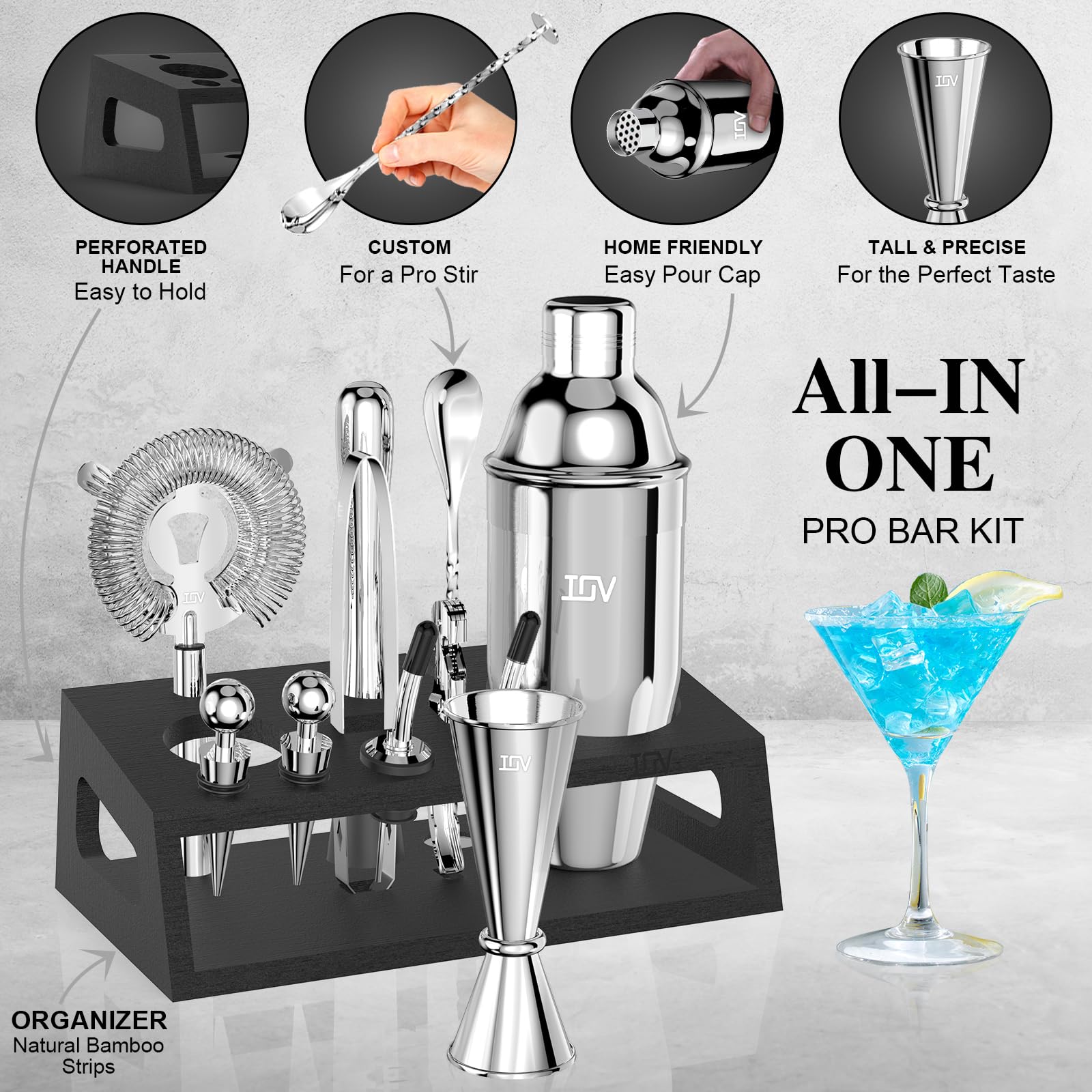 IOV Mixology - Kit de barman con soporte, juego de coctelera de 12 piezas, juego de coctelera Martini de 24 onzas para mezclar bebidas, juego de bar incluye todas las herramientas de barra y folleto