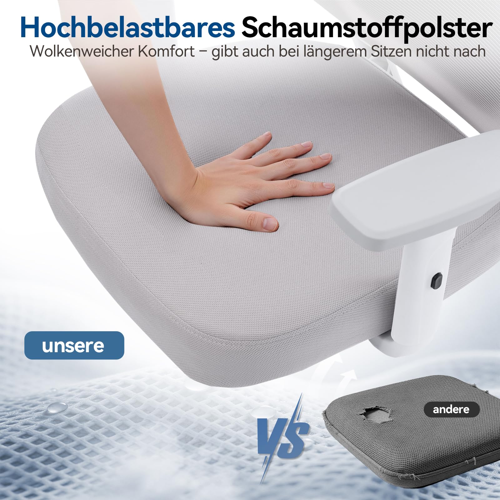 naspaluro 150kg Bürostuhl Ergonomisch Netzbezug 3D Armlehnen | Neigbare Rückenlehne mit Kopfstütze, höhenverstellbar, leise Rollen, für Homeoffice & Gaming, einfache Montage, Weißgrau