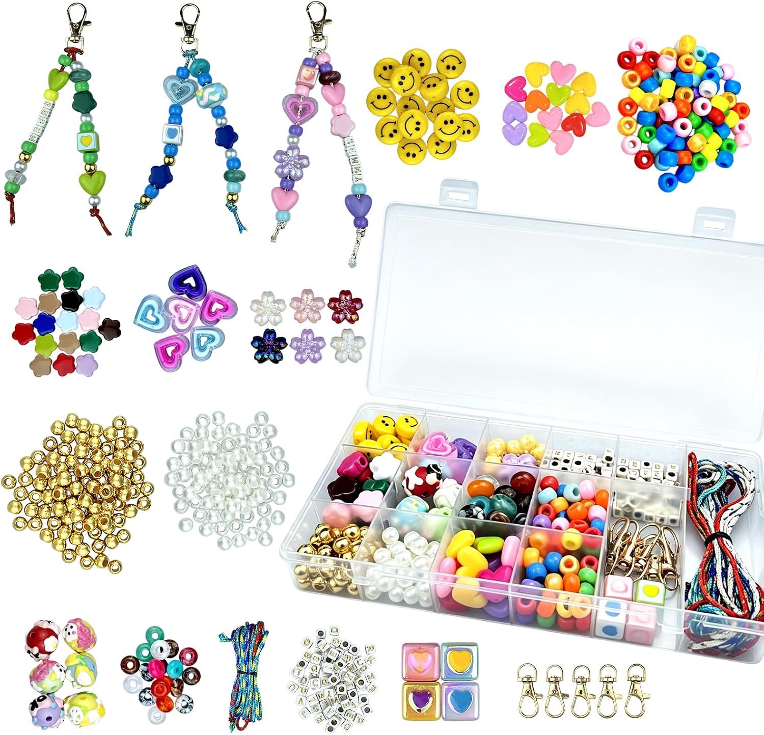854PCS Beaded Keychain Making Kit with Gift Bags for Girls, Y2K Preppy Bag Charm & Phone Lanyard Craft Supplies, Friendship Bracelet Jewelry Kit with Letter, Pearl, Rhinestone & Gold Spacer Beads