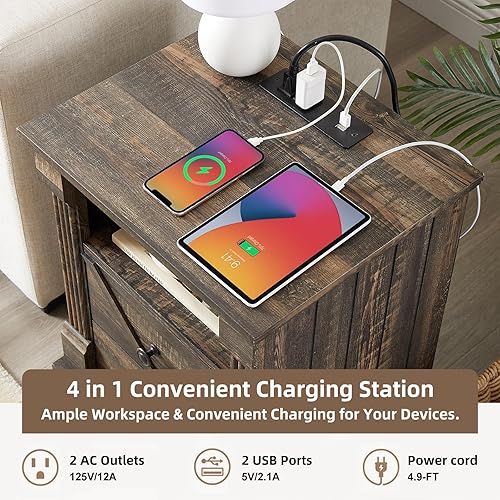 Miniatura 6 de Mesita de noche con estación de carga, mesa auxiliar rústica de 18 pulgadas con puerta de granero, mesa auxiliar de sofá de madera con 2 cajones de