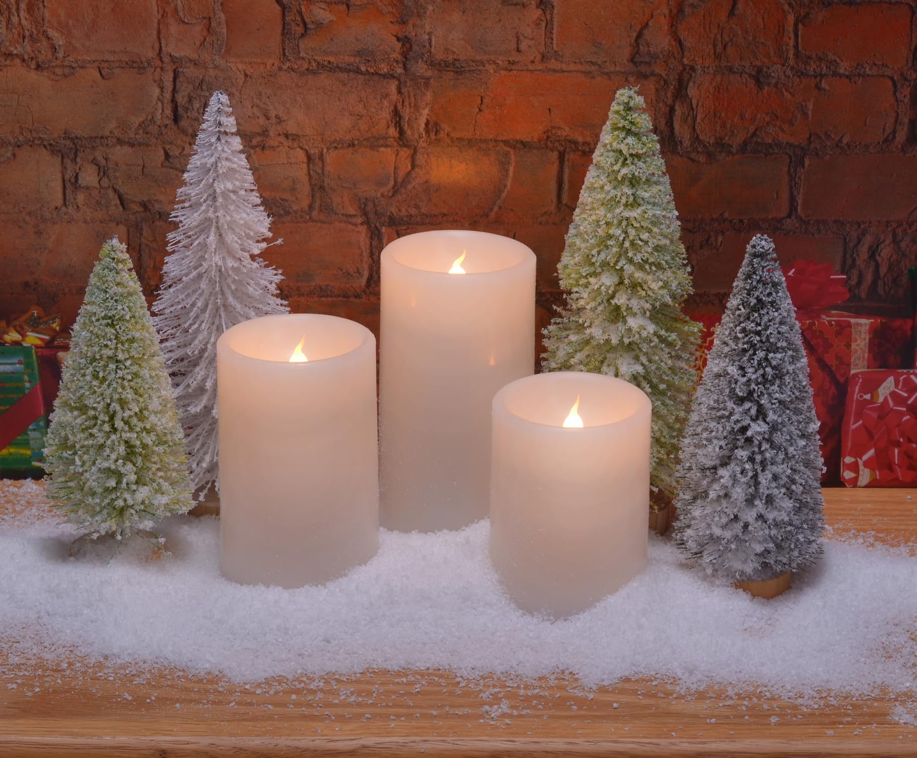 Set di 8 candele a LED senza fiamma, con albero di sisal e cera, 8 pezzi, 20,3 cm, bianco e verde con neve artificiale