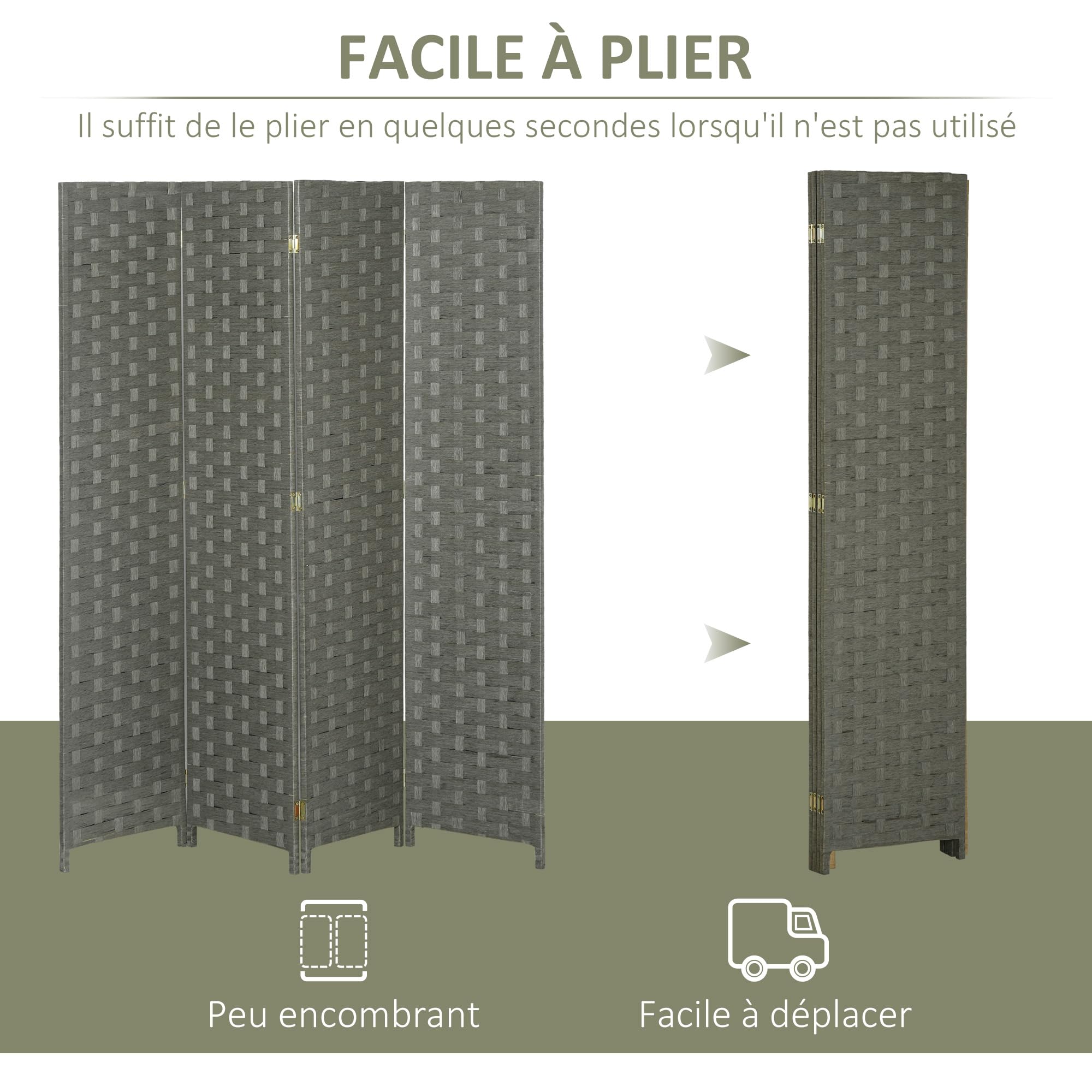HOMCOM Paravent Intérieur 4 Panneaux 159,5L x 169,5H x 1,6P cm Gris | Séparateur de Pièce, Cloison en Bois