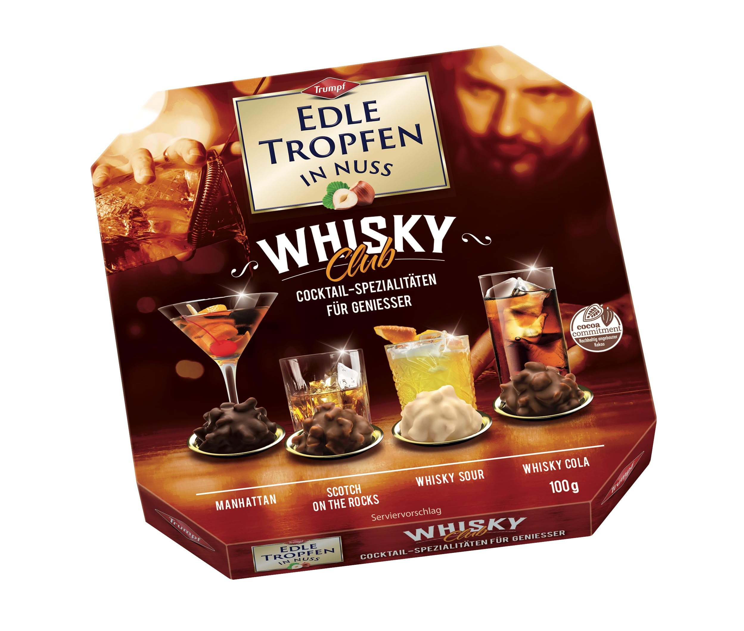 Edle Tropfen in Nuss Whisky Club 100g, flüssig gefüllte Schokoladenpralinen mit Milchschokoladen-Überzug und knackigen Haselnuss-Splittern