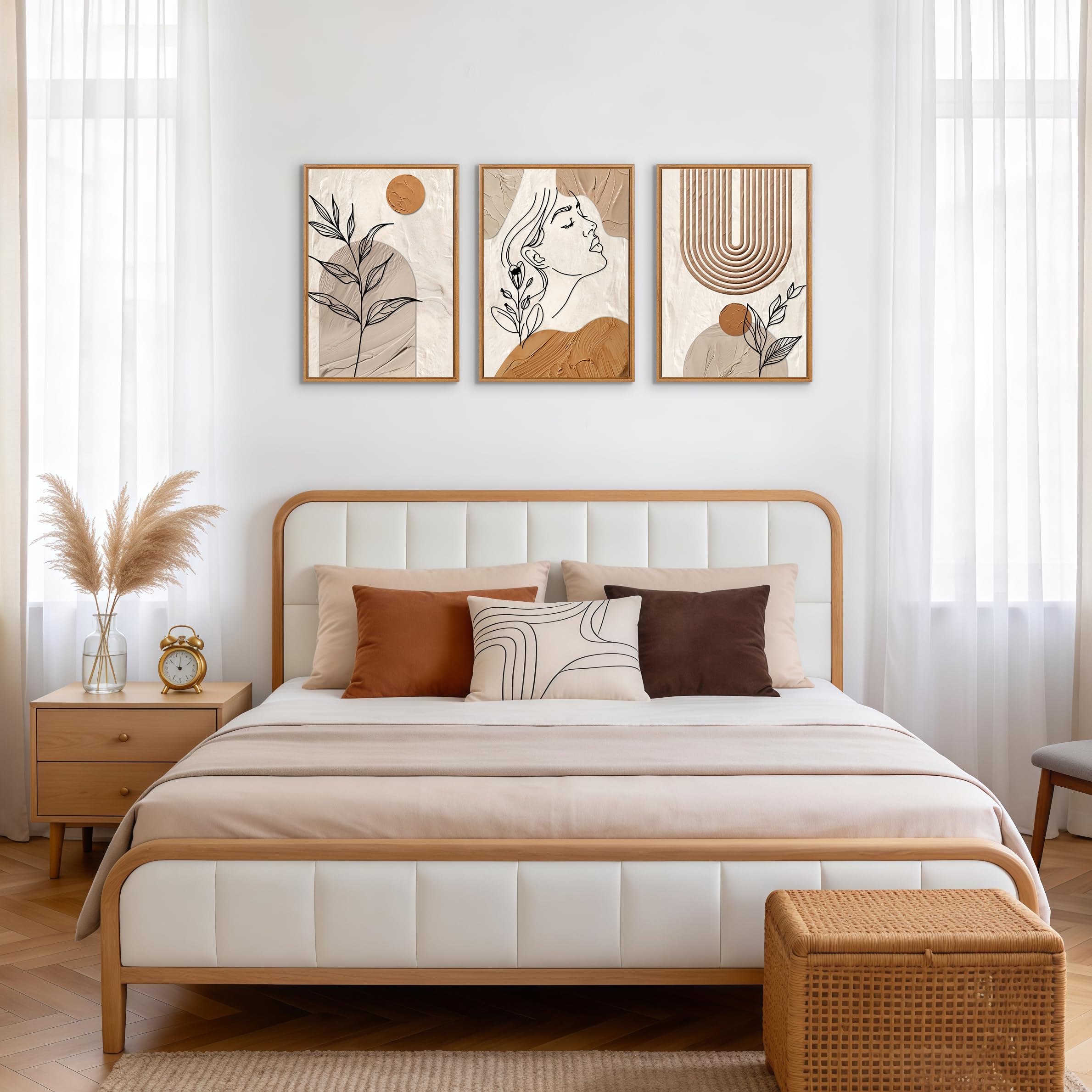 3 Pcs Wooden Framed Canvas Wall Art Set Bohemian Sage Green Canvas Prints Poster Geometric Line Beige Green Pictures for Living Room Bedroom Dinning Room Hallway Stairs Wall Decor 30x40cm x3pcs — view 521