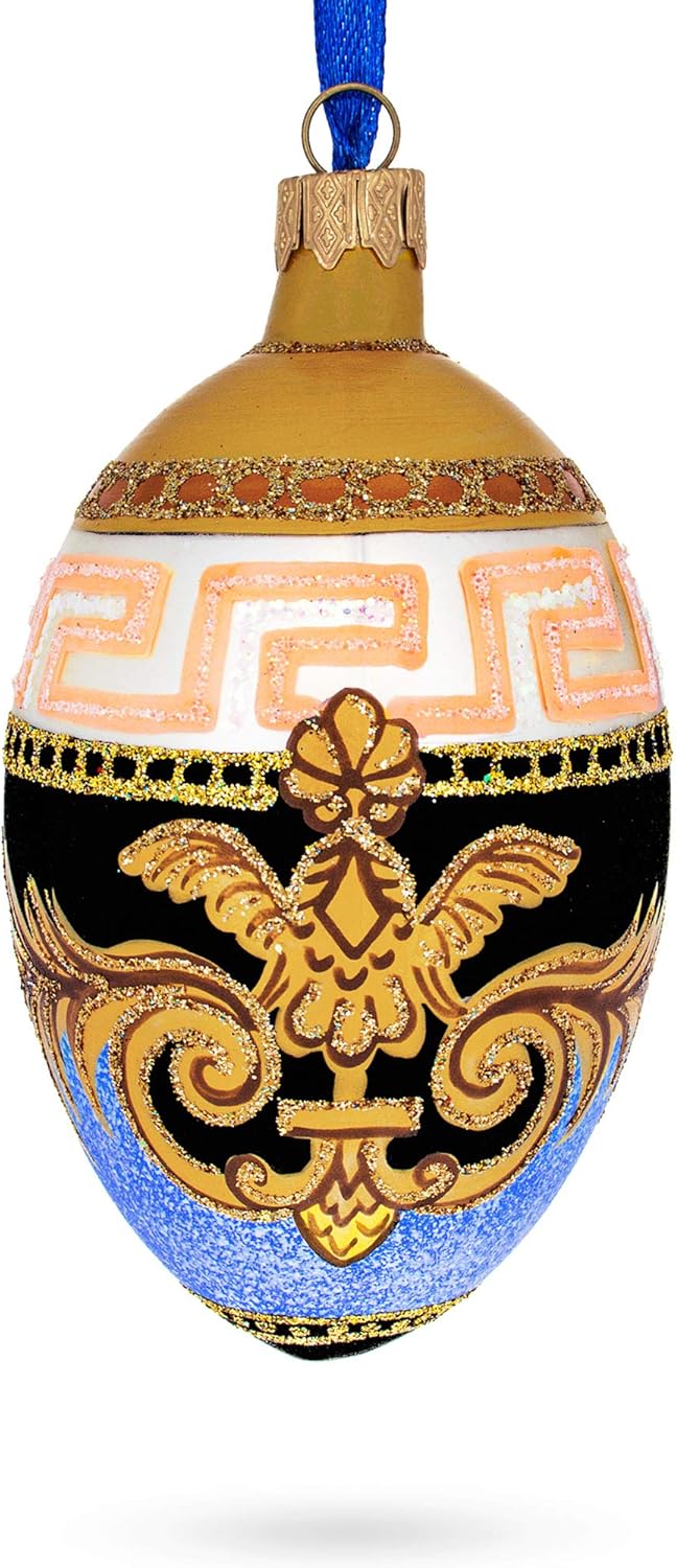 Italian Designer Fine Medallion Glass Egg Christmas Ornament 4 Inches