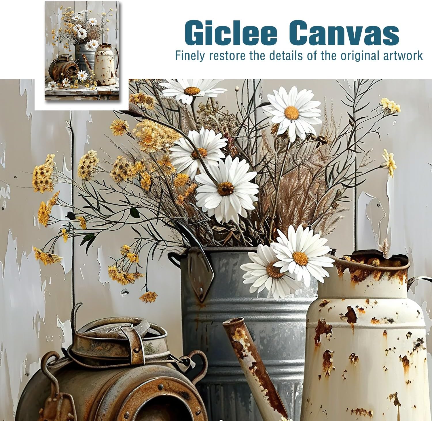 vandlife Vintage Flower Canvas Wall Art Rustic Creamy Yellow Wood Grain Room Decor White Jasmine and Rusty Watering Cans Painting Framed Artwork for Living Room Bedroom Bathroom Decor 28x40in