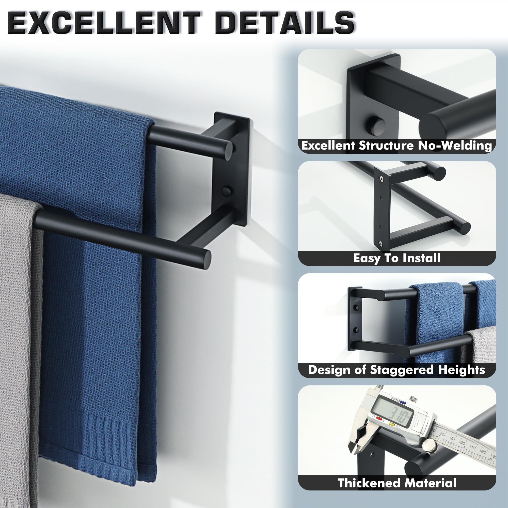 Double Towel Rack 30 Alise Double Towel Bar 32" - SUS304 Stainless Steel Bathroom Towel Rack, Matte Black, Wall Mounted Towel Racks For Bathroom