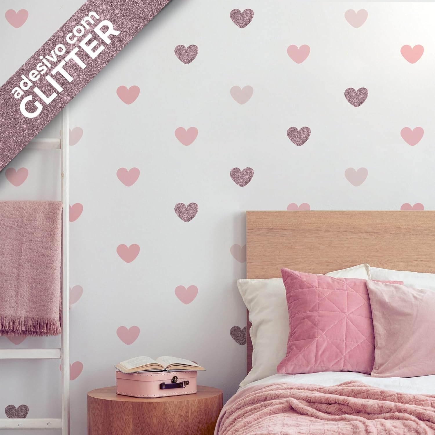 Adesivo de Parede Corações Glitter Rosê 60un para Quarto