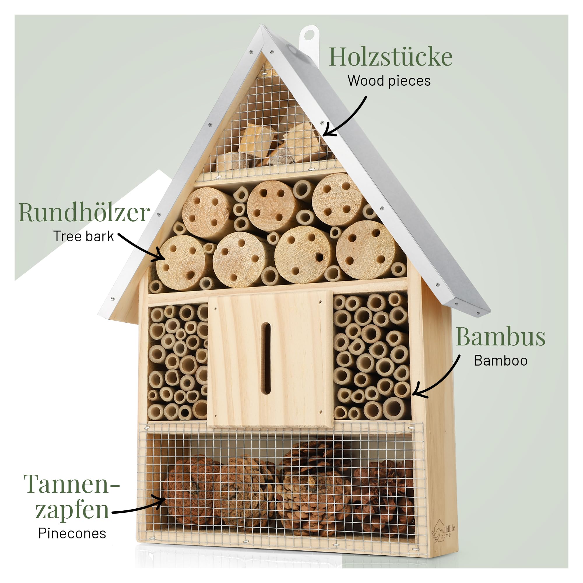 WILDLIFE HOME Grande hotel per insetti – naturale e resistente alle intemperie, casetta per insetti in legno naturale per api, api selvatiche, coccinelle e farfalle, hotel per api e nido da appendere