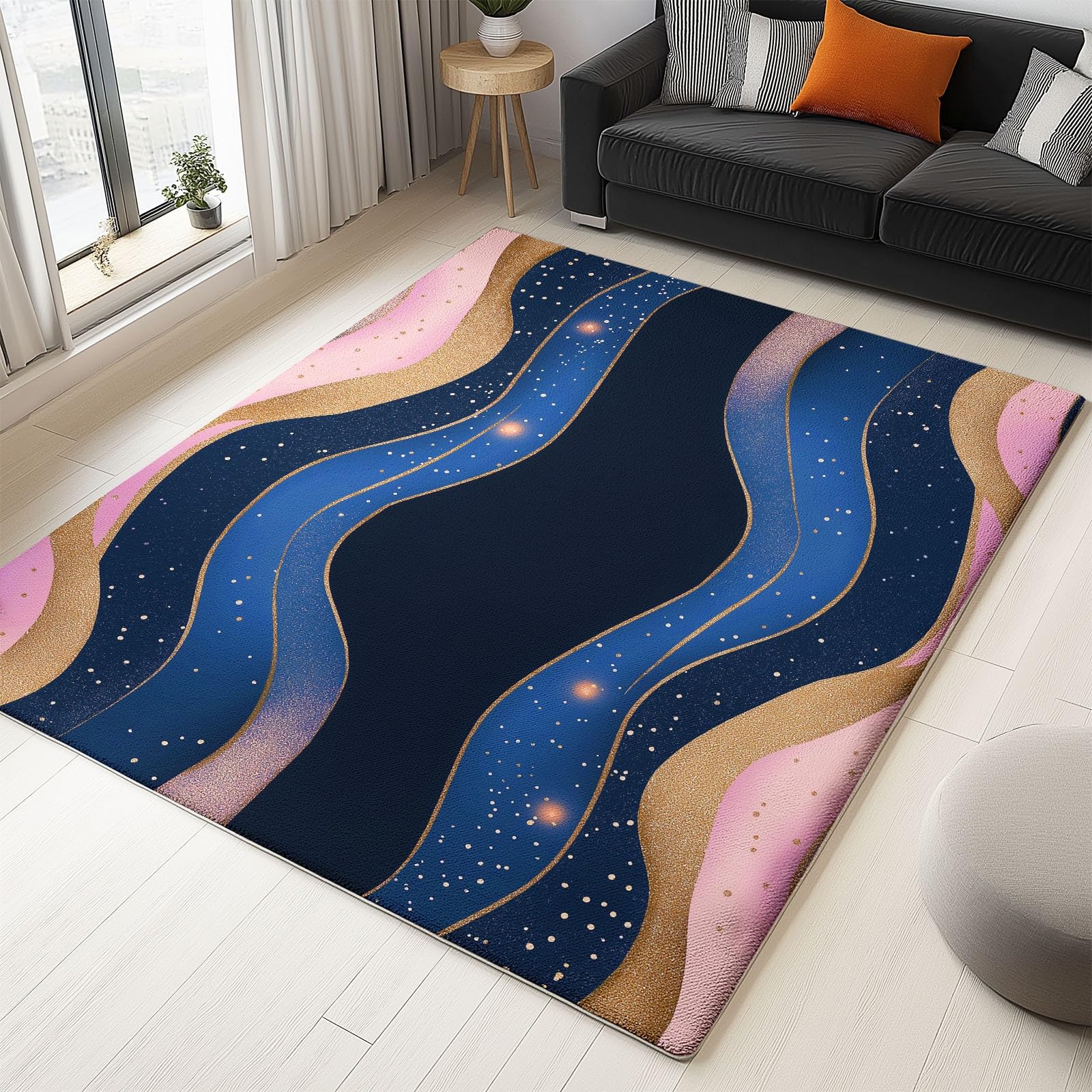 Générique Tapis Salon Forme Ondulée Abstraite 140 x 200 cm Tapis Chambre Impression 3D Moderne, Bleu Foncé Moquette Antidérapant Lavable Machine, pour Salon Salle à Manger Bureau