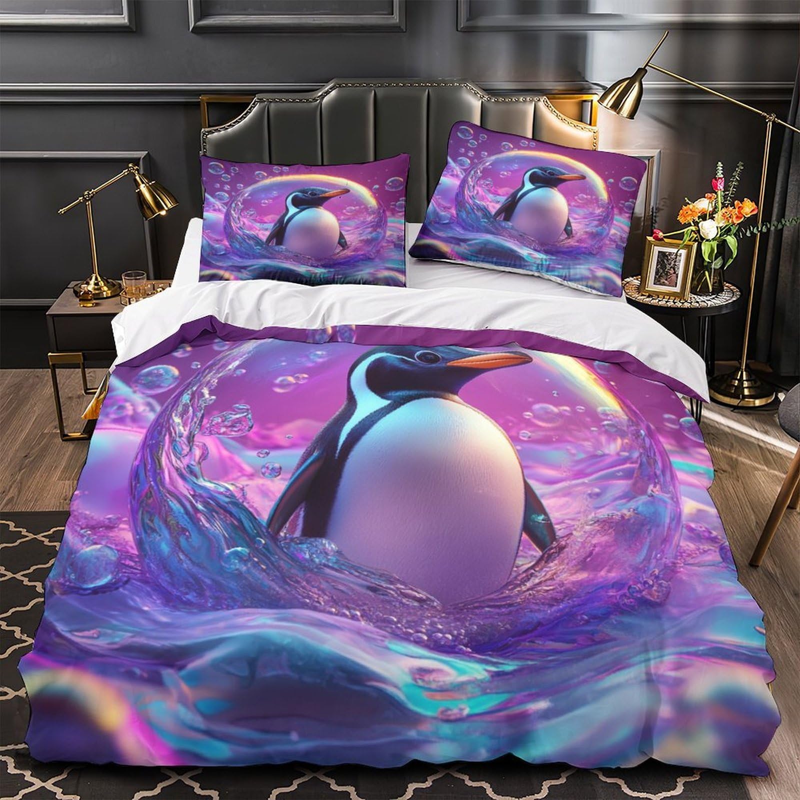 Housse de couette pingouin lavable en machine et résistante pour lit enfant