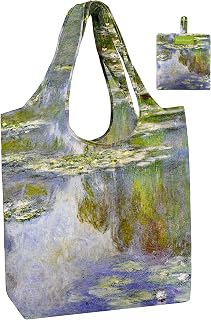 BeeGreen Oil Painting Monet Tote Bag - Large Reusable Grocery Bag, Polyester Grocery Bags Gifts for Women,Foldable, Washable, Packable with Handles & Pouch for Shopping, Beach, Work, Summer