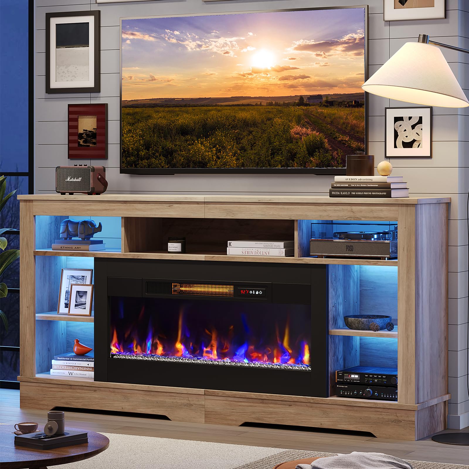 Bestier 70 Inch Fireplace TV Stand for TVs Up to 80", Tall LED Entertainment Center with 36" Electric Fireplace, High Media Console with Storage Cabin