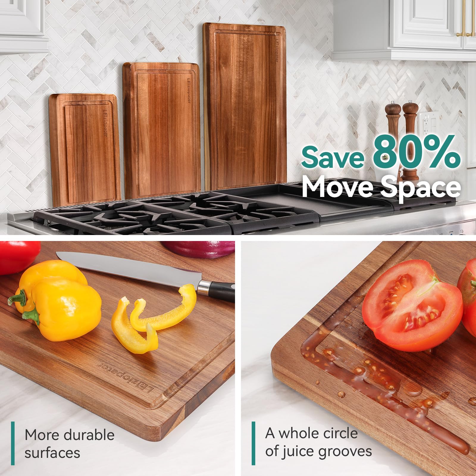 Tabla de cortar de madera de acacia, juego de 3 tablas de cortar de madera maciza con soporte con ranuras profundas para jugo y asas integradas, tabla de cortar de madera duradera para cocina para