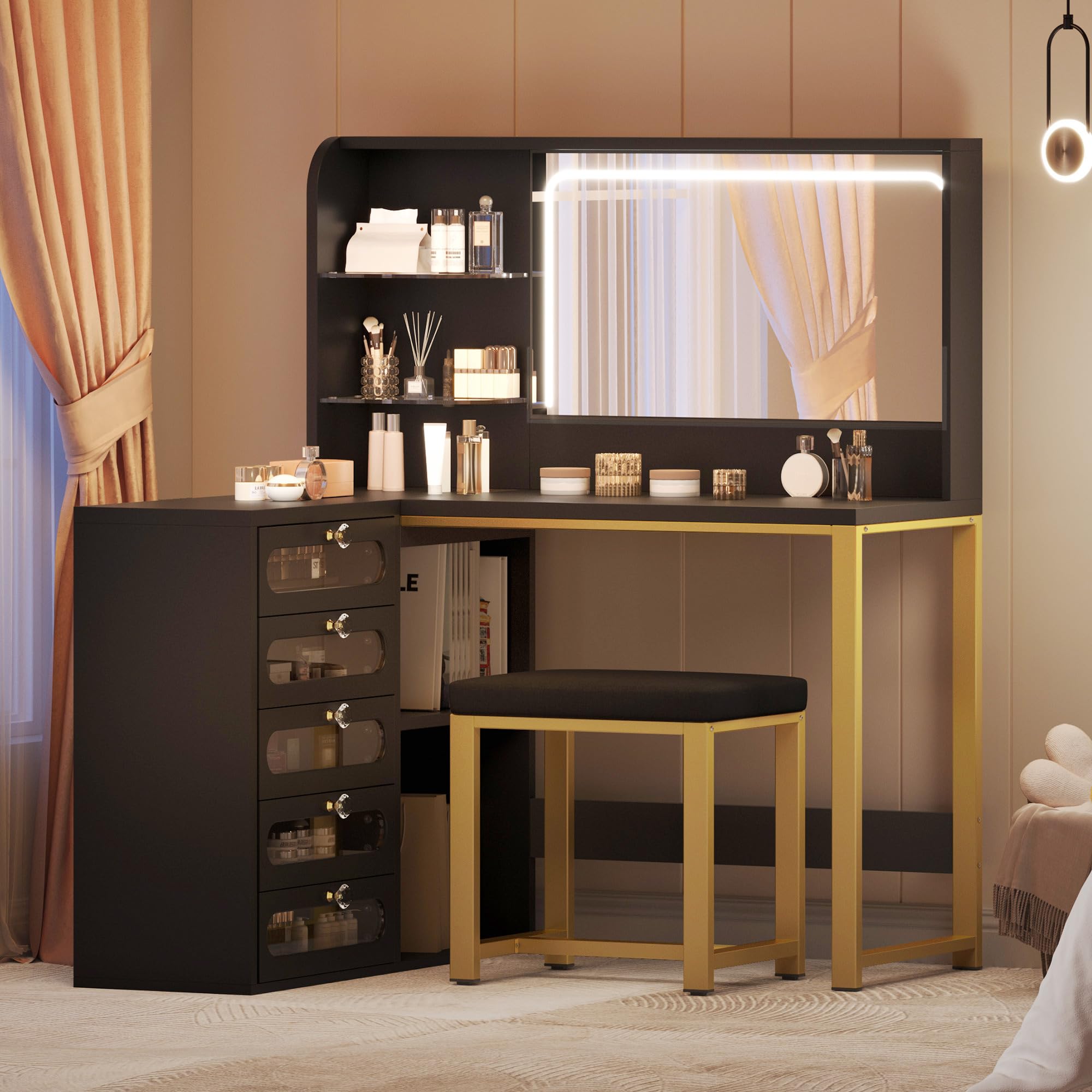 DWVO Corner Makeup Vanity Desk with Lights and Mirror, 48" L Shaped Black Vanity Set with Stool, 5 Acrylic Visualized Drawer, Adjustable 3 Lighting Modes, Bedroom Large Dressing Table for Women