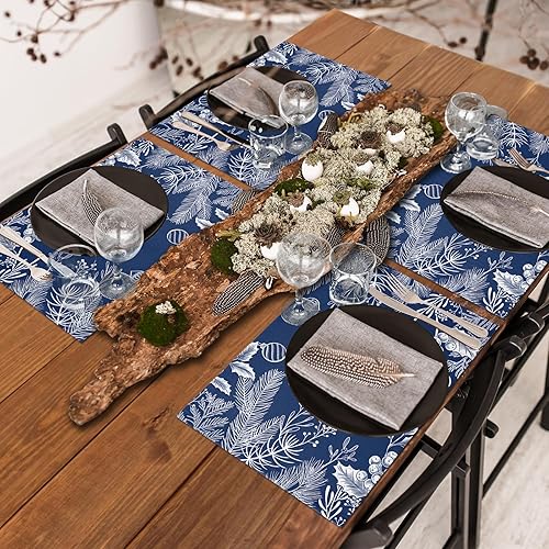 Miniatura 8 de Juego de 6 manteles individuales azules de Navidad, diseño floral de hojas de pino, resistentes al calor, lavables, manteles individuales de algodón