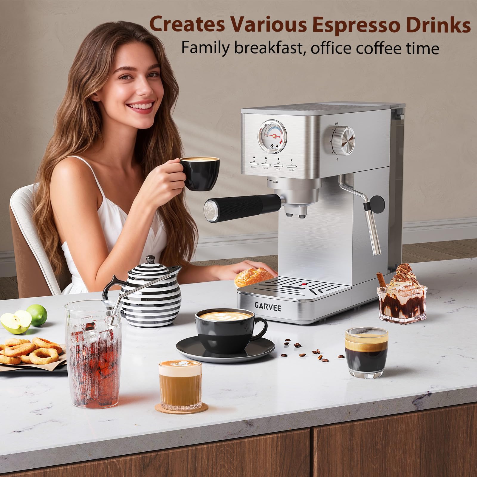Macchina da caffè espresso 20 bar con trituratore, macchina da caffè espresso semi-automatica in acciaio inox con montalatte, temperatura e volume di tazza regolabili,1,4 l serbatoio rimovibile per