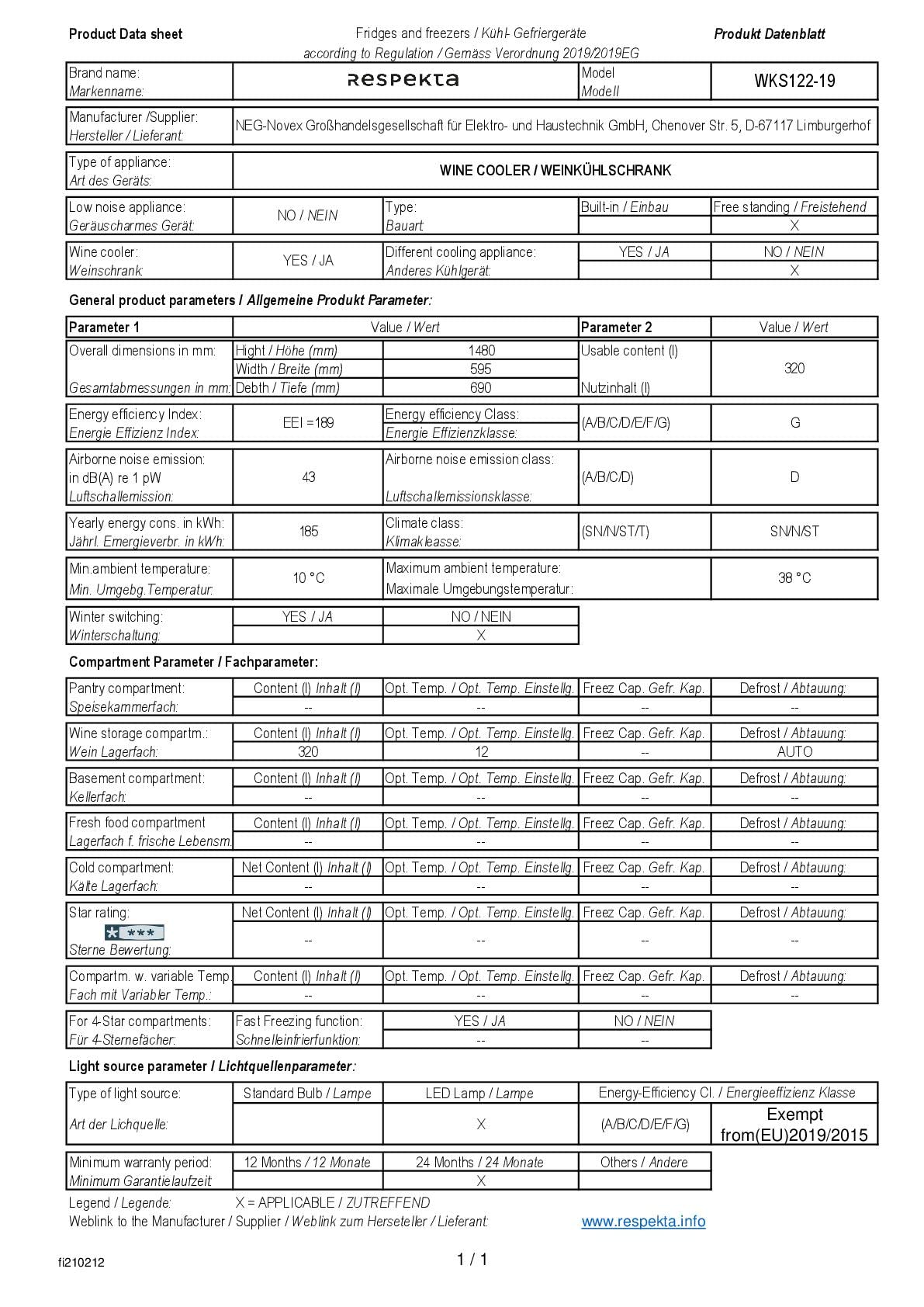 Respekta Weinkühlschrank freistehend für 122 Standardflaschen/Einbaufähig / 320 L Nutzinhalt / 2 Temperaturzonen/Touch Control/LED Leuchte/WechselbarerTüranschlag / 43 dB/WKS 122-19
