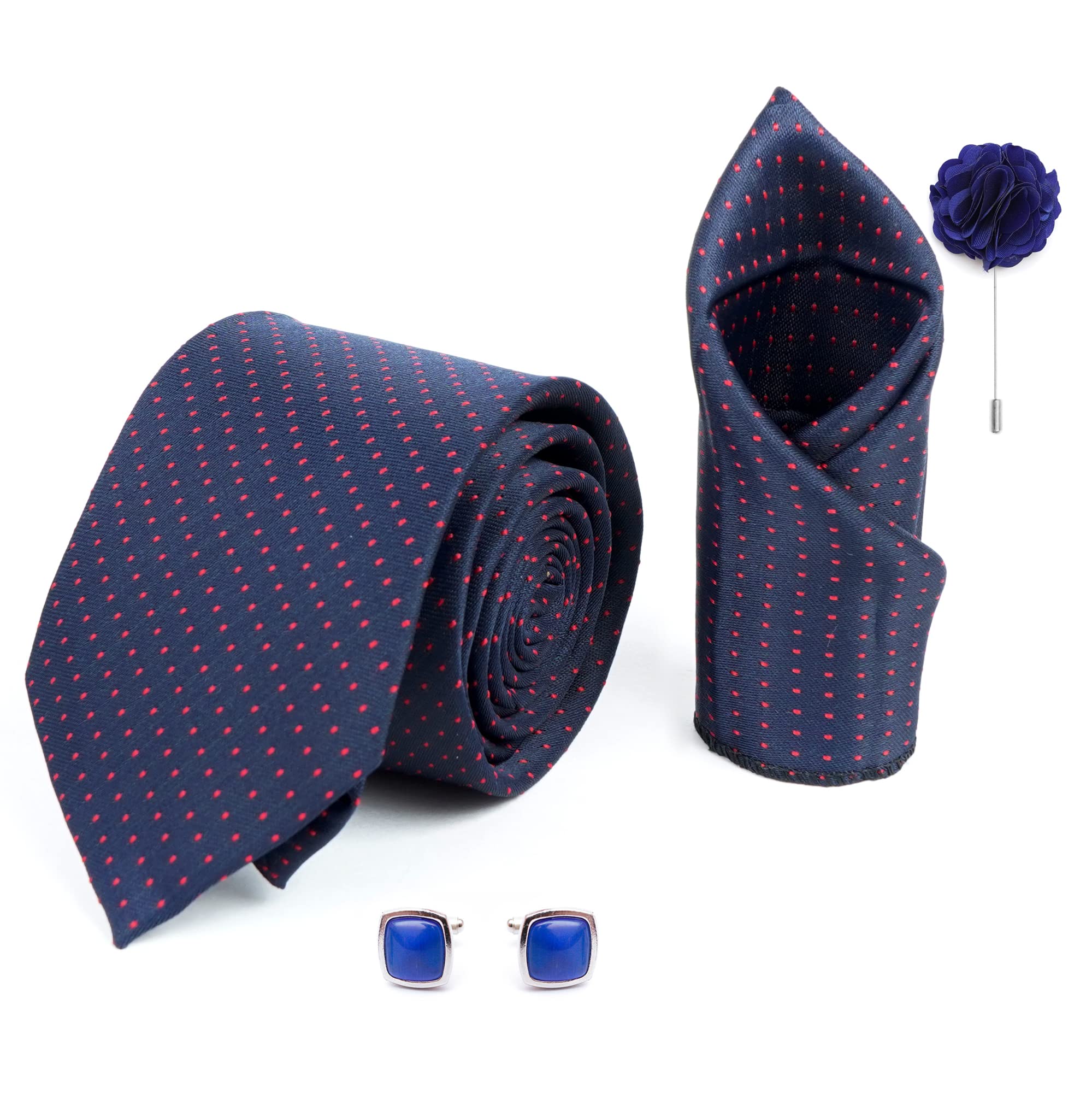 Mens Plaid Dotted Silk Necktie Gift Set With Pocket Square Cufflinks & Brooch Pin Formal Tie With Leatherite Box (Blue-Red D1BRRX Free Size)-image-37