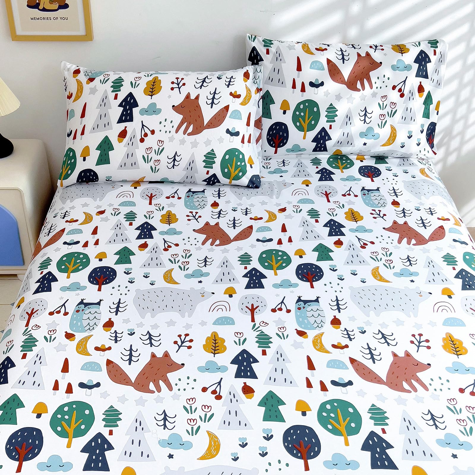 Queen Sheet Set Kids - Cute Fox 4 Pieces Soft Microfiber Cartoon Style Bedsheets for Boys Girls Teens, Oeko TEX Breathable 15 Inch Deep Pocket Sheets(Forest)
