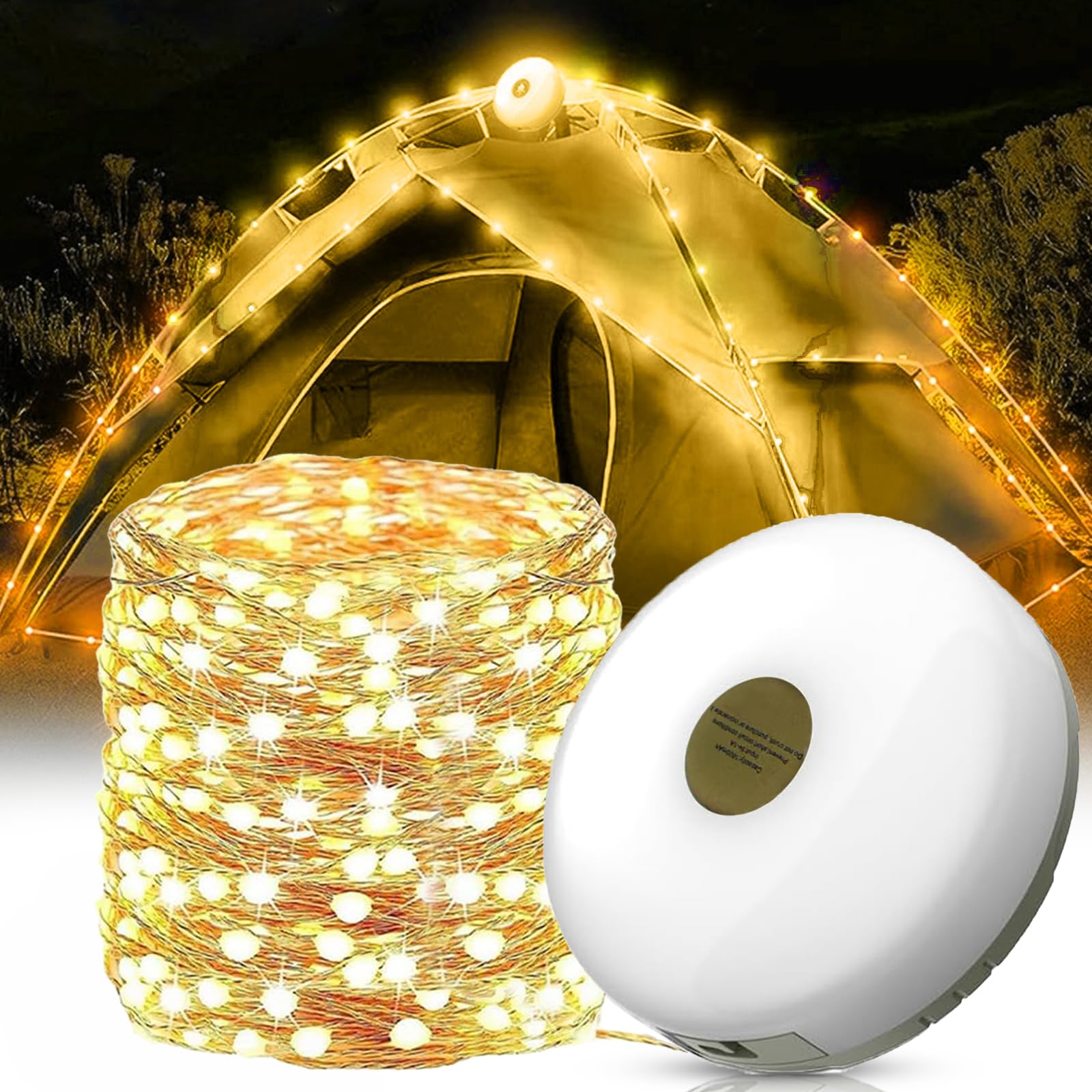 Outdoor Waterproof Portable Stowable String Light - Portable Camping Light String - 2 in 1 Rechargeable Camping String Lights - Retractable Tent Fairy Lights - for Camping Hiking Tent (Warm, 8m)