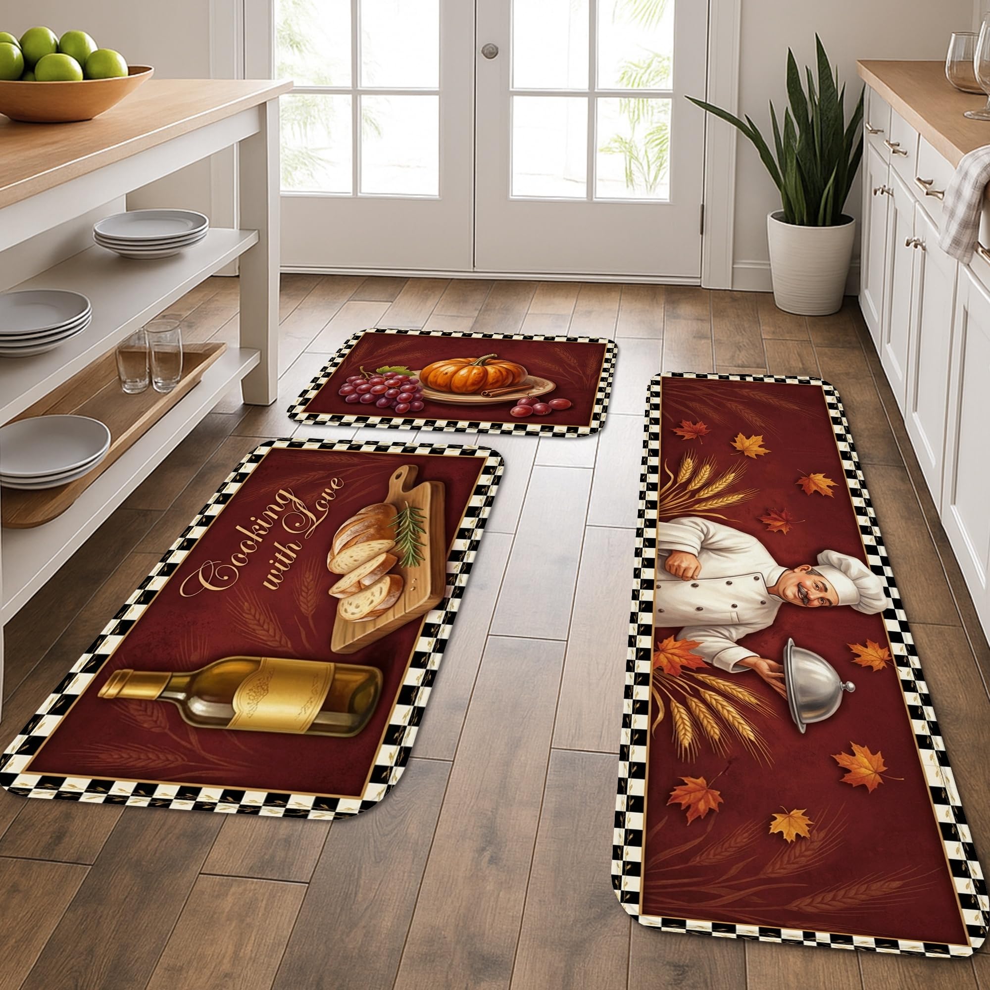 Tapis de cuisine bordeaux lot de 3 tapis lavables et doux style chef rustique pour évier