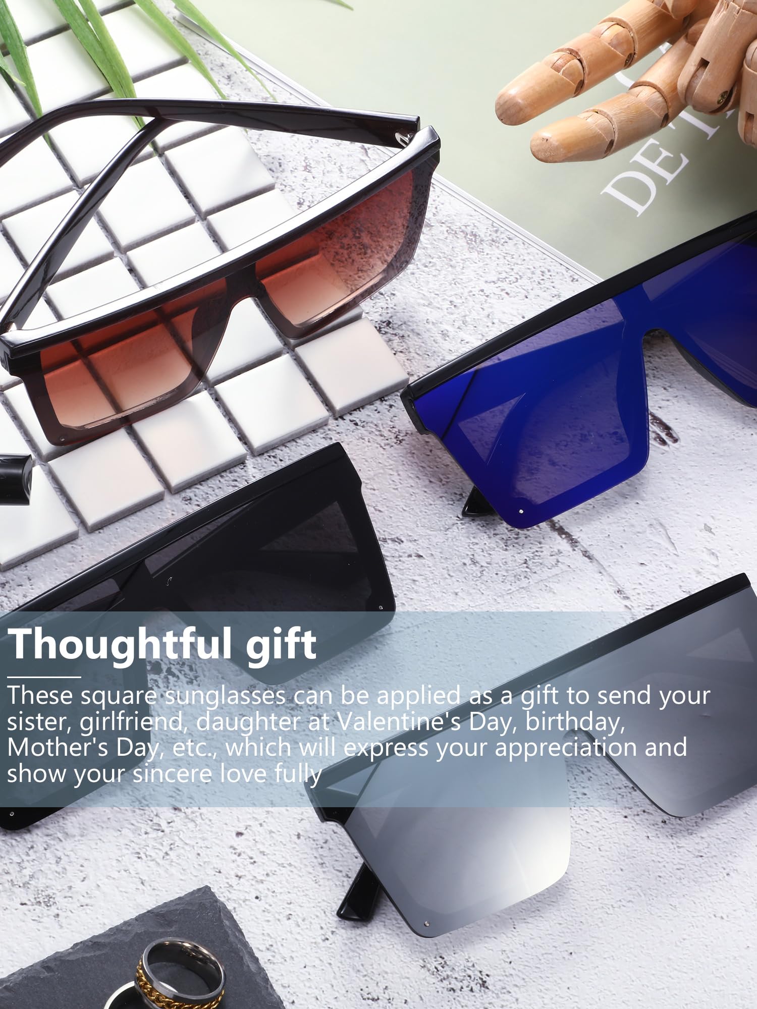4 pares de lentes de sol de gran tamaño con parte superior plana vintage, gafas de sol cuadradas unisex para mujeres y hombres, Azul hielo, gris, plata, marrón degradado 4