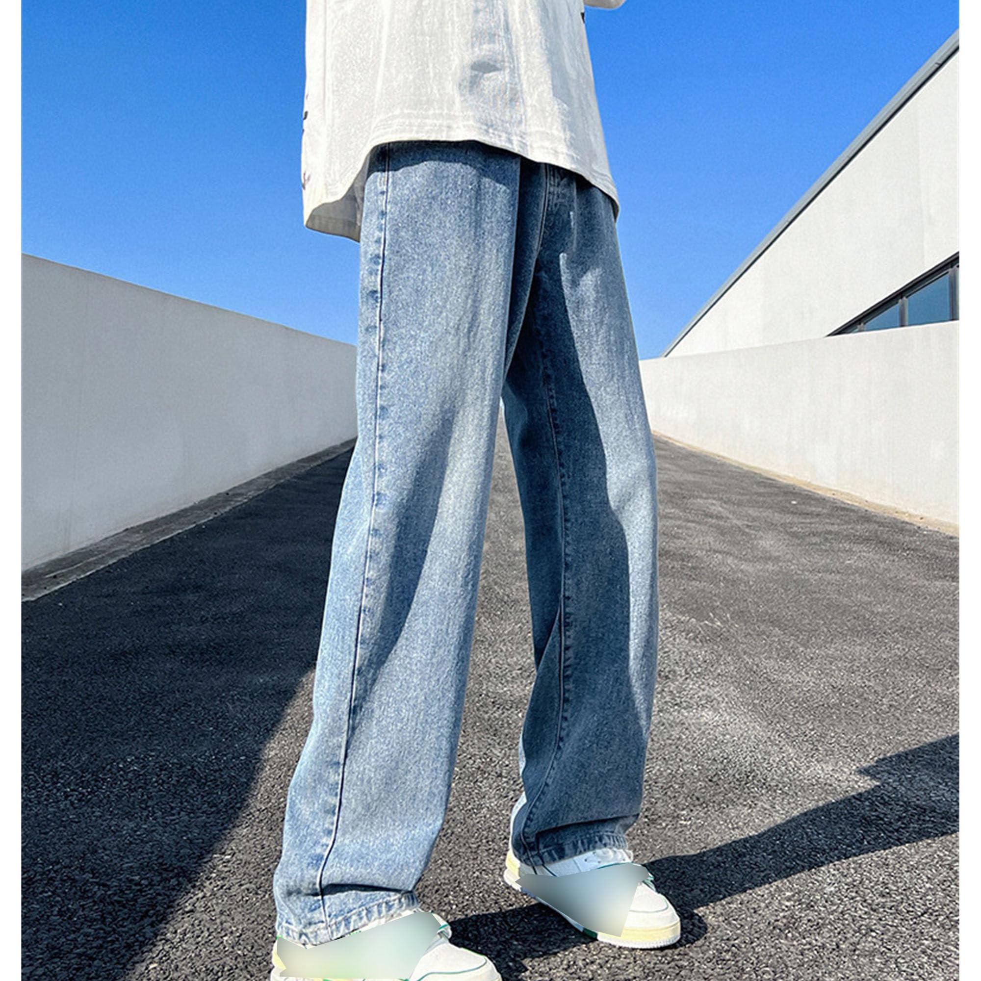 Baggy Jeans Mens Straight Wide Leg Casual Vintage Long Trouser Streetwear Hip Hop Trendy Denim Pant (X-Large,Retro Blue 3)