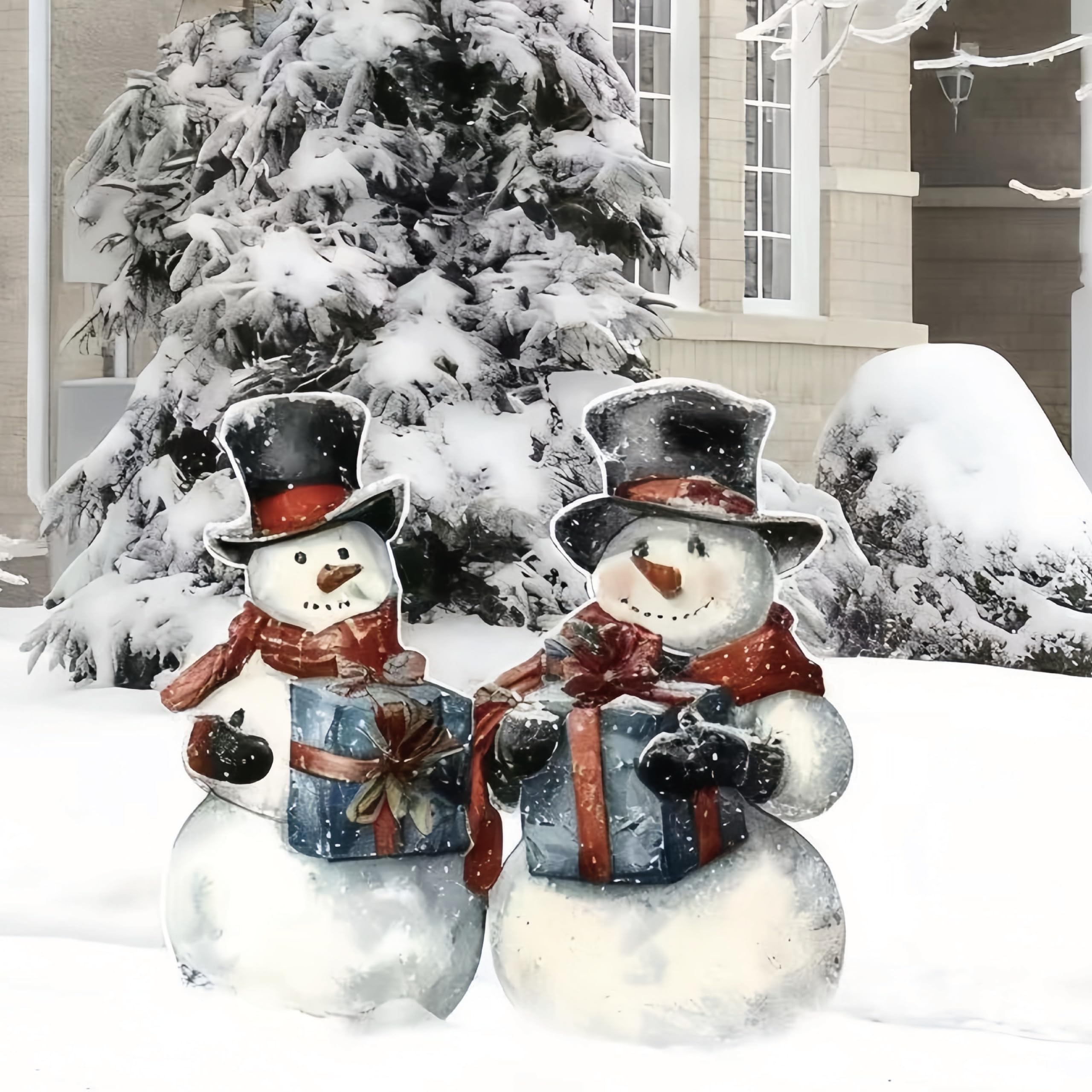 Winter Snowy Outdoor Christmas Decoration, 2 Rural Snowman Courtyard Plastic Pile Christmas Decorations, Retro Winter Logo Suitable for Lawn Front Door Garden Family Farmhouse Courtyard Porch