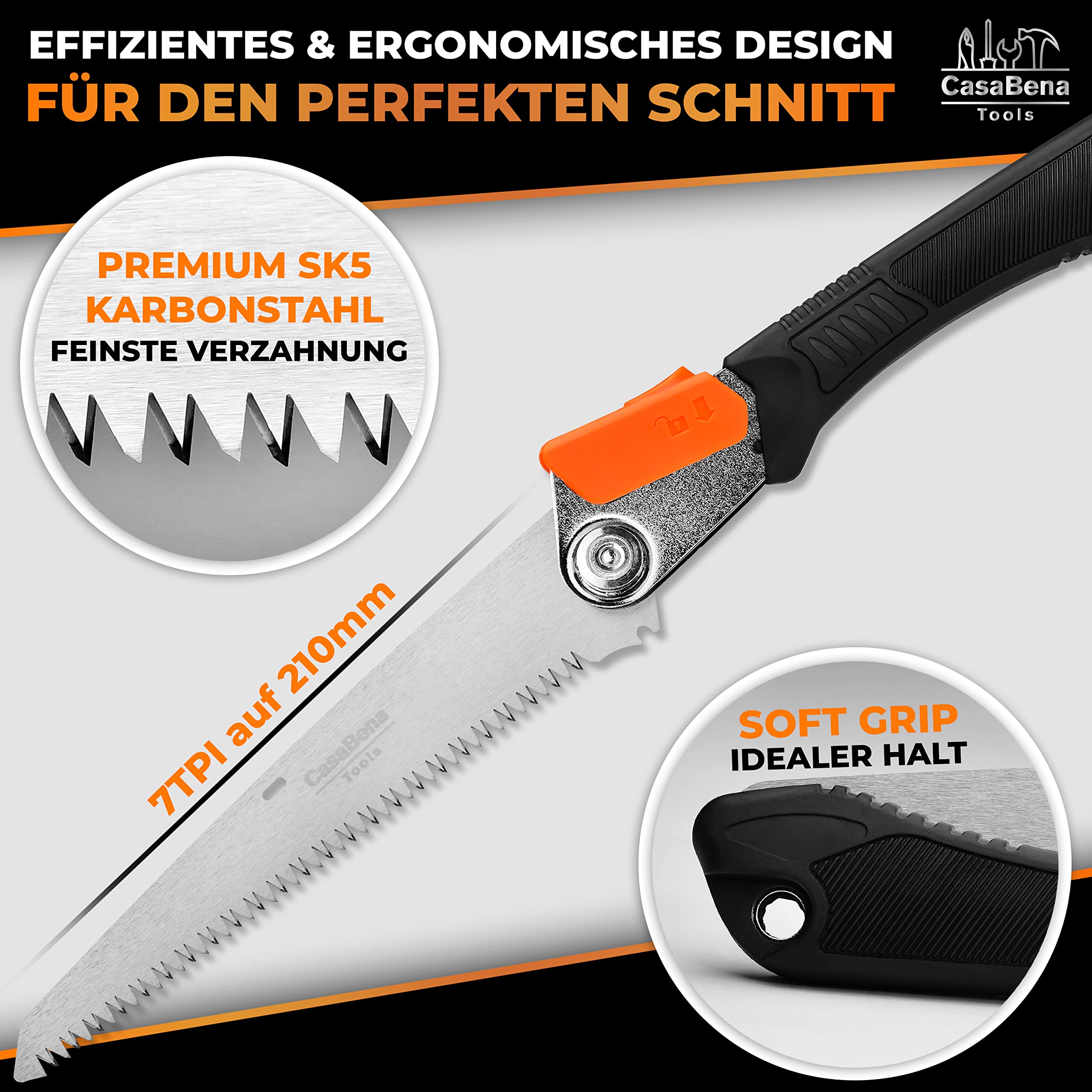 Scie Pliante Professionnelle CasaBena – Lame 210 Mm Acier Carbone SK5, 7 Dents Par Pouce – Sécurité, Ergonomique, Avec Sac De Ceinture