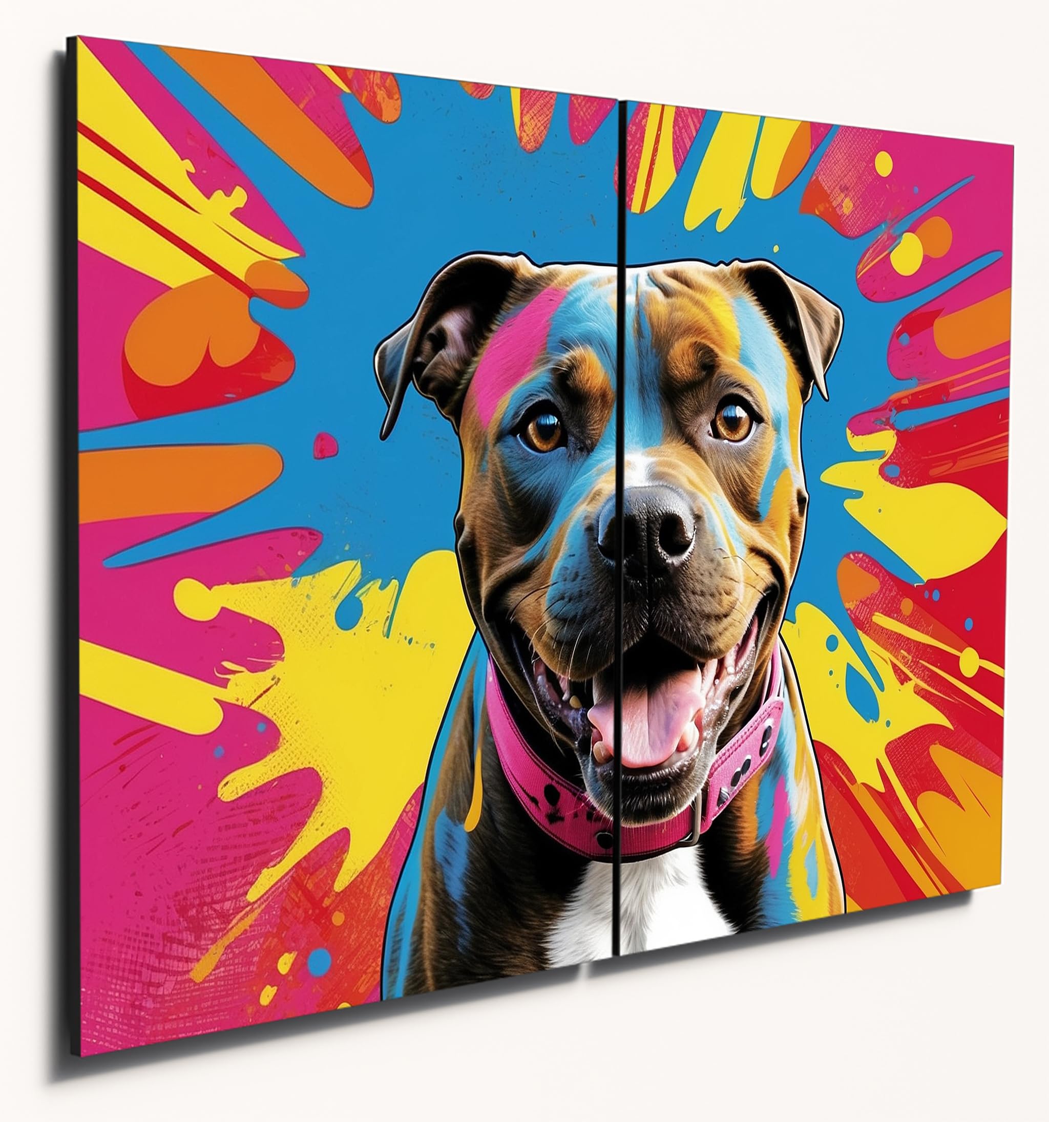 The Plum Penguin Design 1 Staffordshire Bull Terrier Pop Art Wooden Panel, Bold Colourful Home Decor, A4 Mdf Dyptych Canvas Alternative 40 X 30Cm