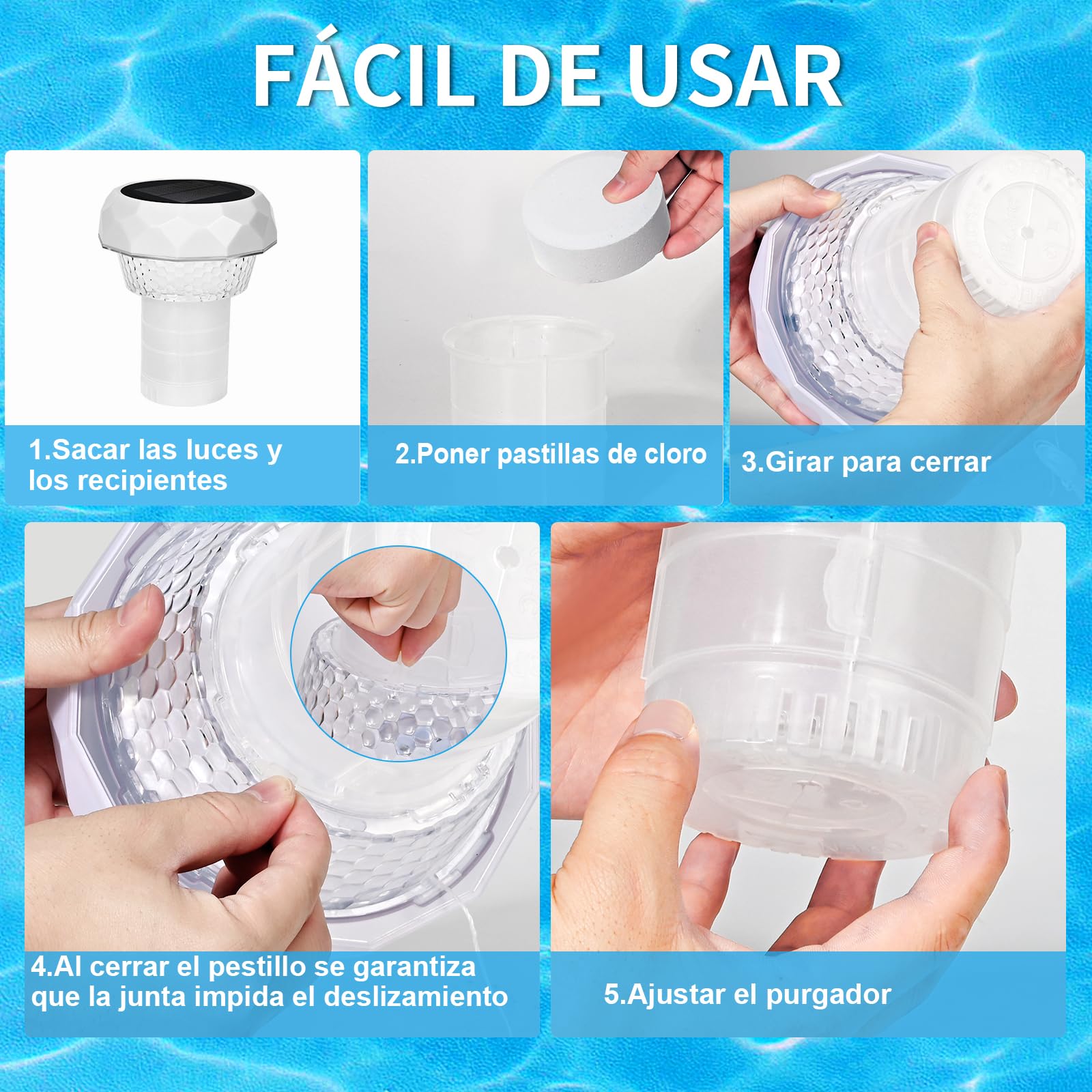 Piscina Flotante Dispensador Cloro Piscina con Luz Solar LED Dispensador Cloro Flotante con Termómetro Desbloqueo Ajustable y Fácil Apertura Flotador Dosificador Dispensador Cloro