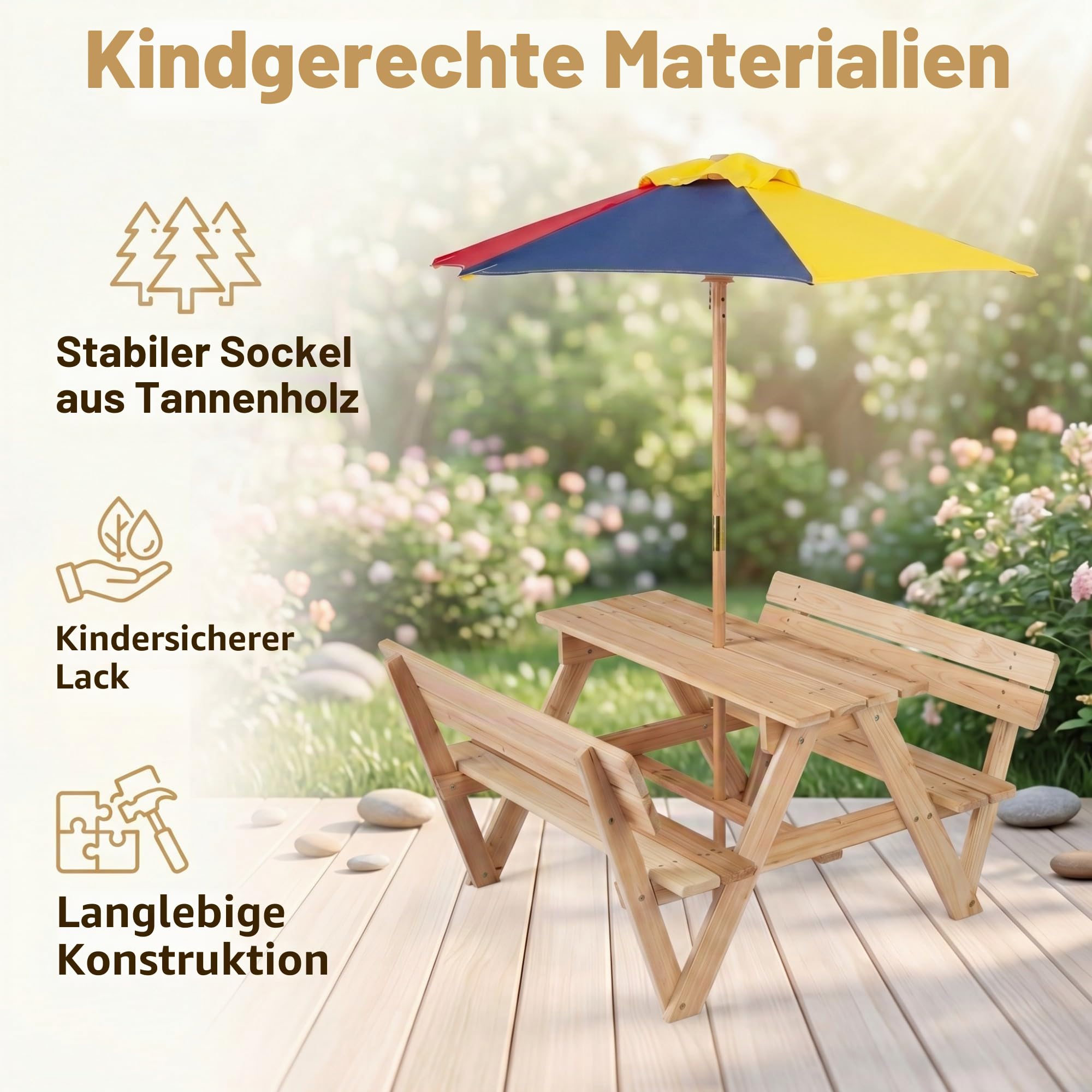 LIFEZEAL Kindersitzgruppe Outdoor, Kinder Picknicktisch-Set mit Sonnenschirm, Sitzgruppe Holz mit Bänke für Kinder ab 3 Jahren, Garten Kindersitzgarnitur für Garten, Hof, Strand
