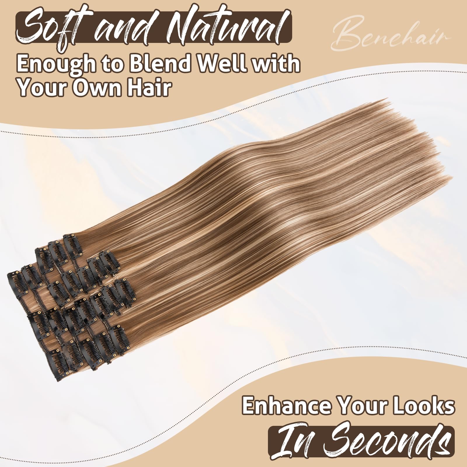 Benehair 22" Clip in Hair Extensions 12 Pcs Long Straight Hair Extensions Clip in Synthetic Fiber Full Natural Extension Medium Brown mix Blonde Hair Piece for Women(Medium Brown mix Blonde - Image 3