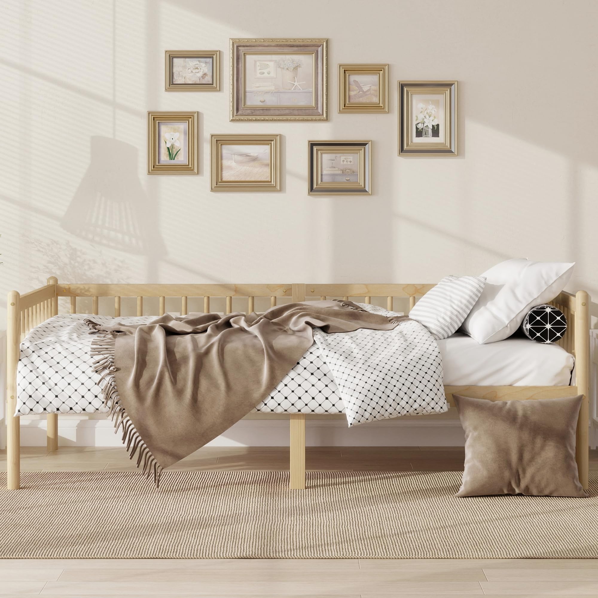 Beistellbett Kinderbett 90x200cm, Massivholz Rausfallschutz (Natur) | 2-in-1 Beistellbett & Einzelbett. 120kg Tragkraft. 29cm Stauraum. 3-seitiger Rausfallschutz ohne scharfe Ecken
