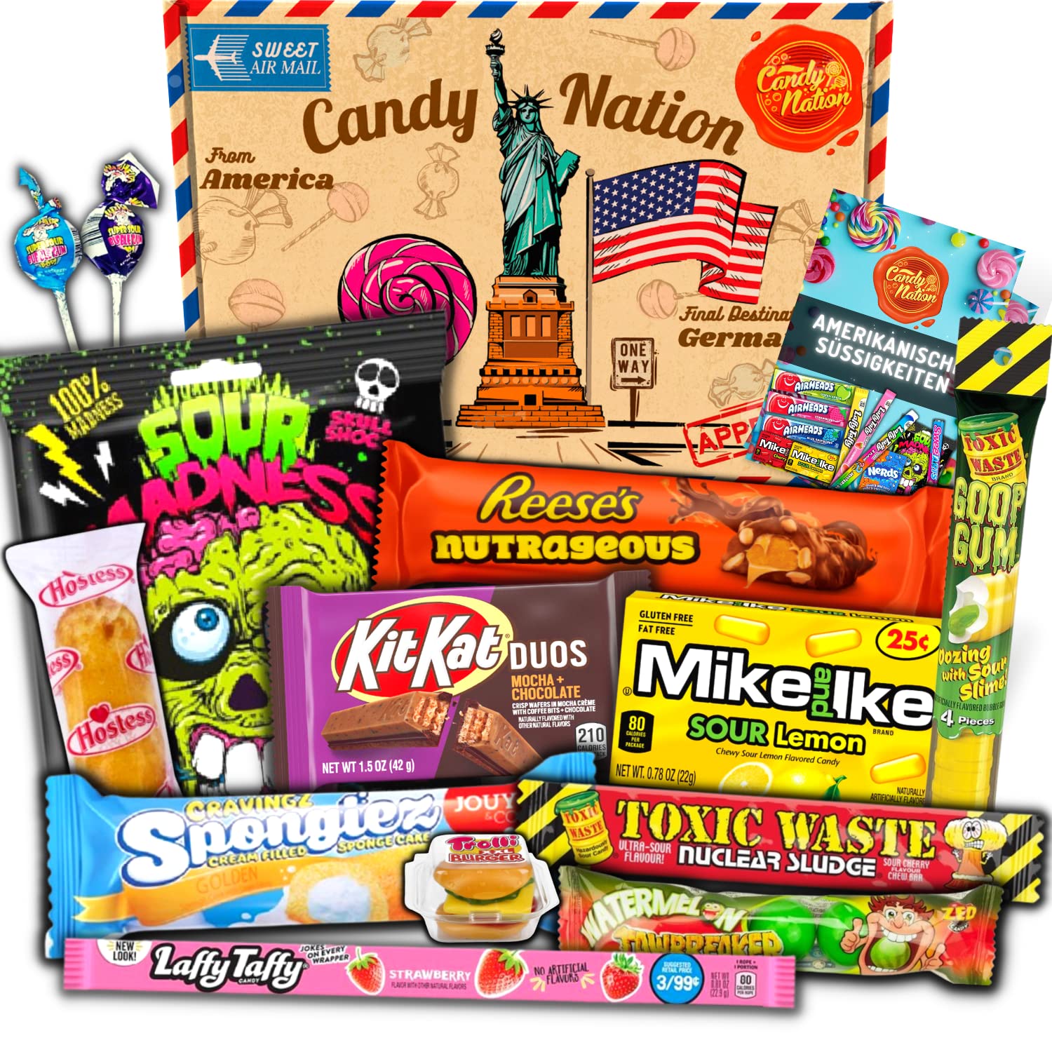 Amerikanische Süßigkeiten Box - American Candy Box der Bestseller Party-Mix mit 13 verschiedenen USA Spezialitäten - Die Perfekte Geschenkidee - Mit Liebe gepackt in Deutschland (1x440g) - 